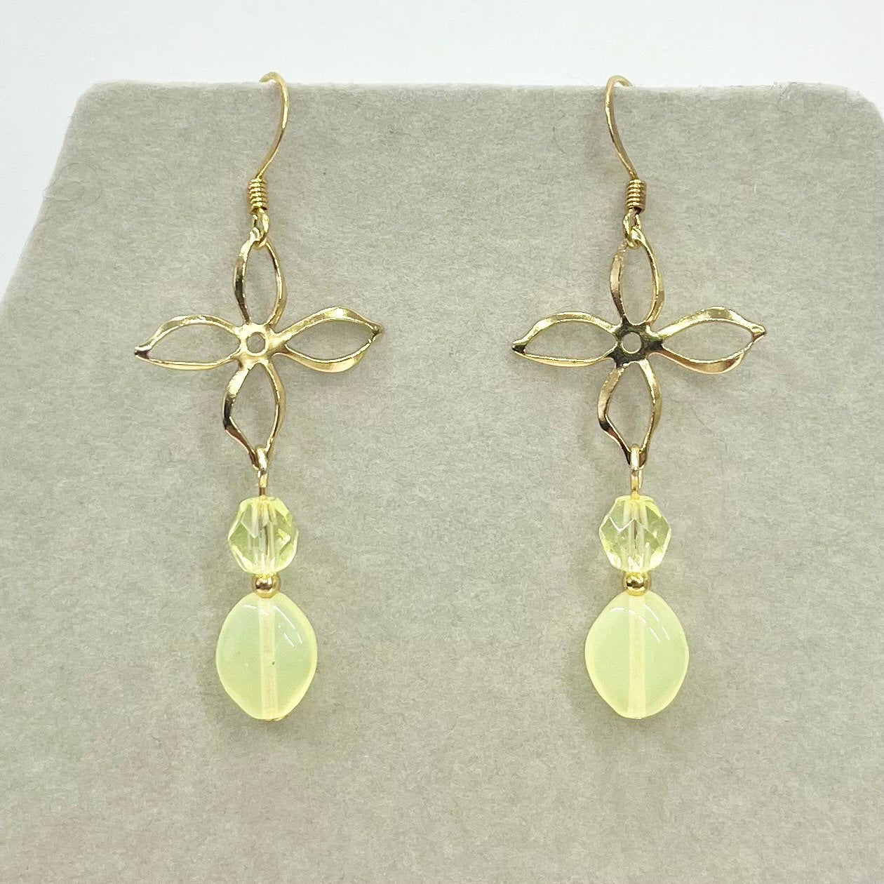 Handmade Yellow Uranium Glass Bead Flower Drop Earrings UV Reactive Glow Vintage Czech Firepolished Crystal Beads TheGreenGlassGemShop