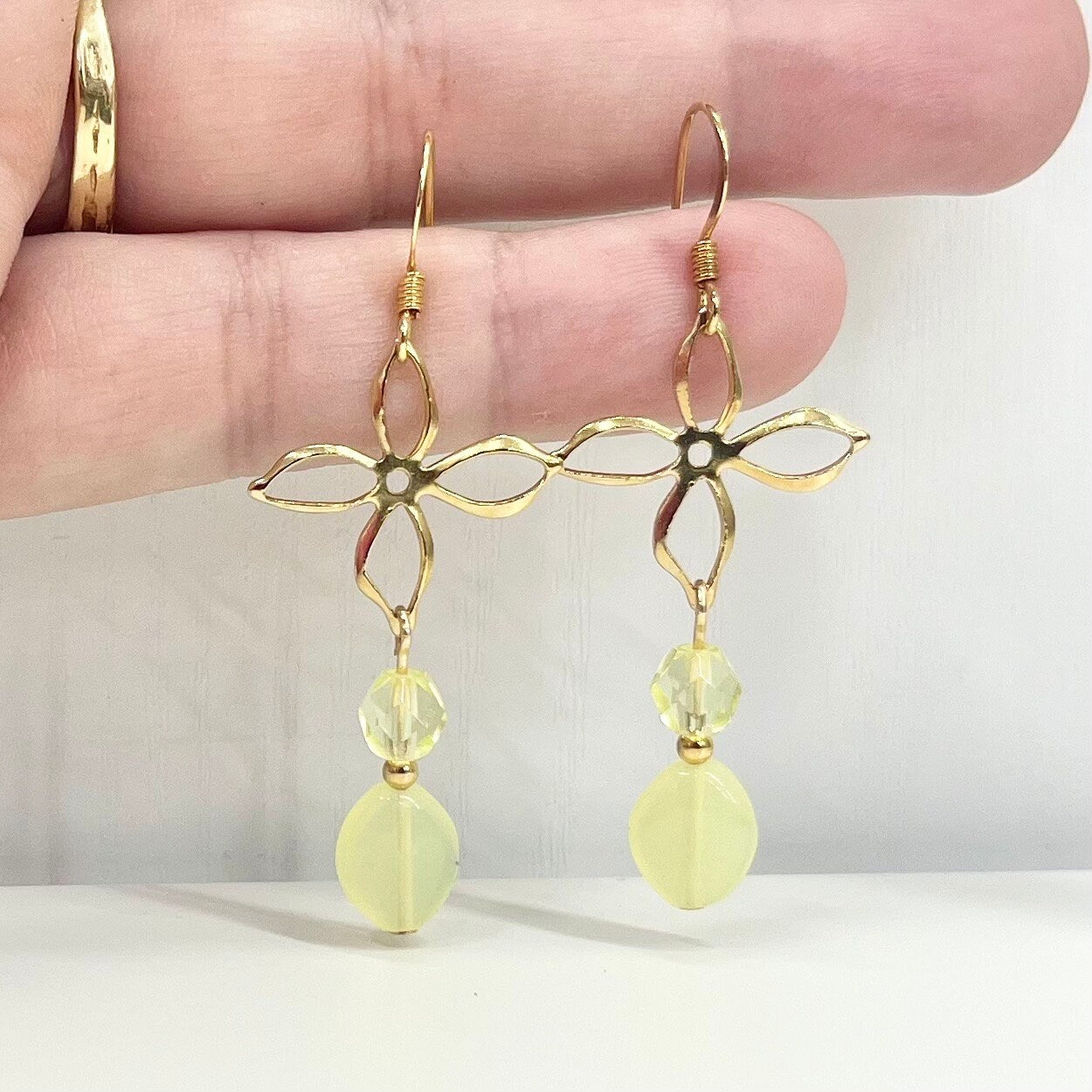 Handmade Yellow Uranium Glass Bead Flower Drop Earrings UV Reactive Glow Vintage Czech Firepolished Crystal Beads TheGreenGlassGemShop