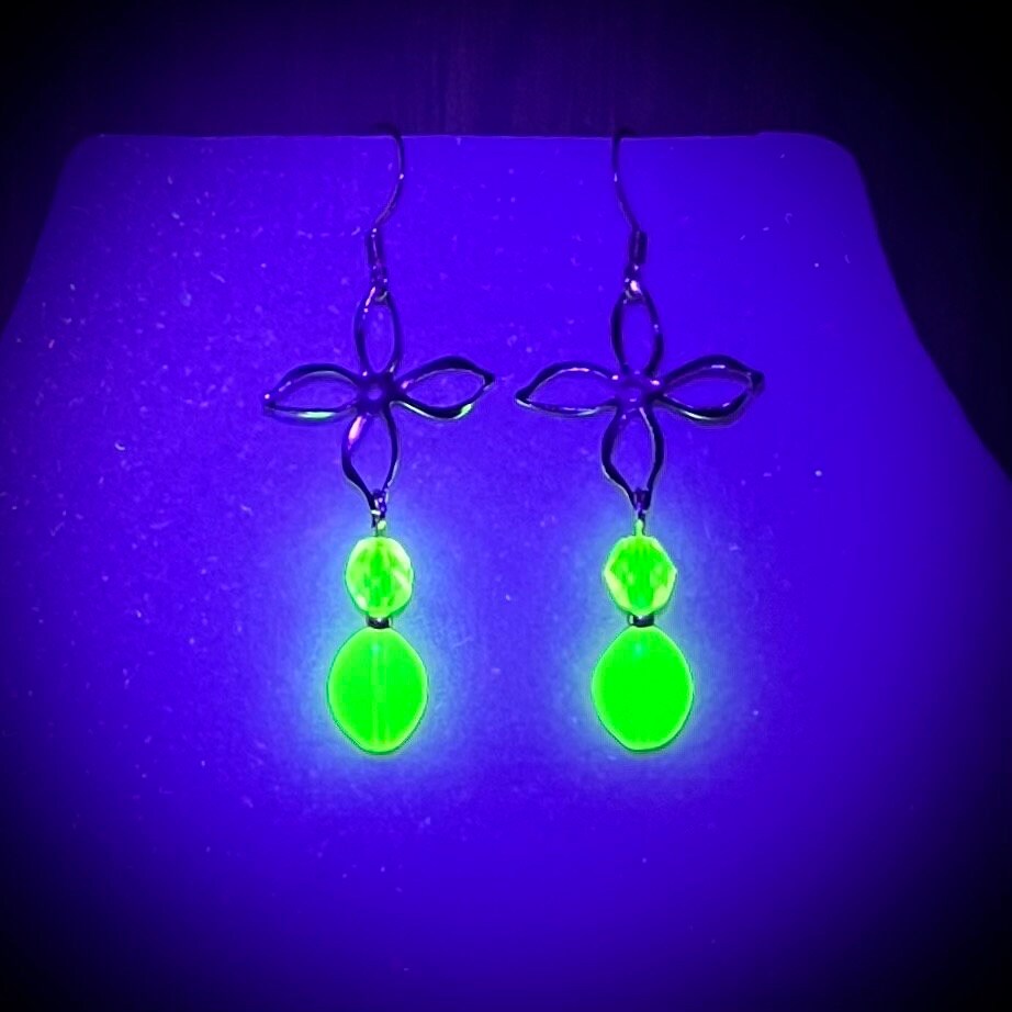 Handmade Yellow Uranium Glass Bead Flower Drop Earrings UV Reactive Glow Vintage Czech Firepolished Crystal Beads TheGreenGlassGemShop