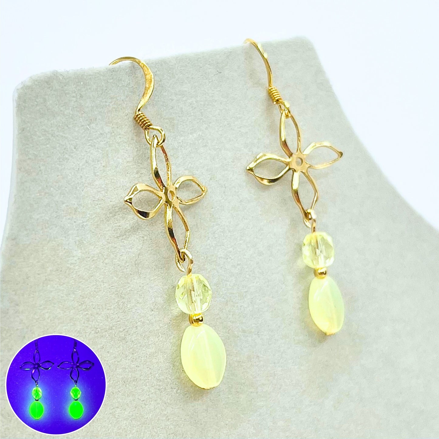 Handmade Yellow Uranium Glass Bead Flower Drop Earrings UV Reactive Glow Vintage Czech Firepolished Crystal Beads TheGreenGlassGemShop