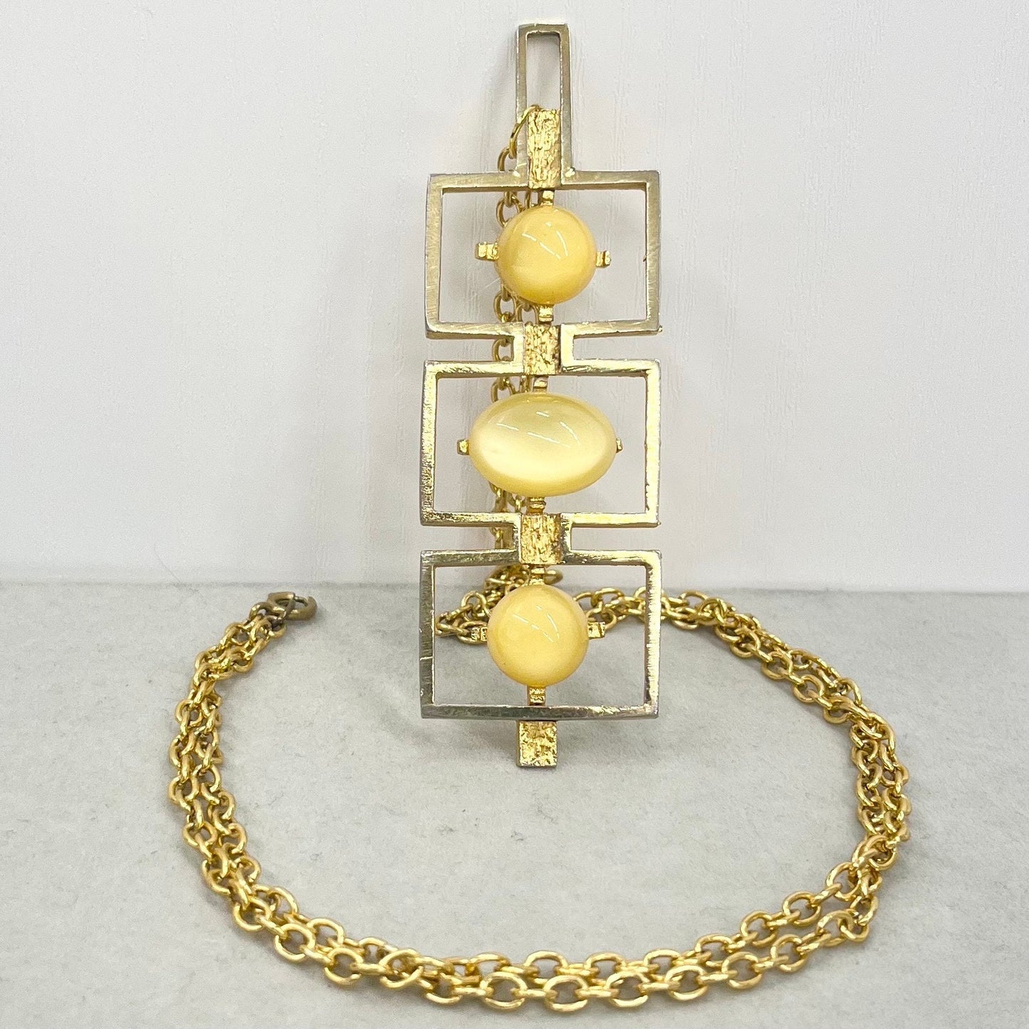 Vintage Yellow Czech Glass Modernist Pendant on a 28” Chain with Uranium Glasd Cabochons UV Reactive Glow TheGreenGlassGemShop