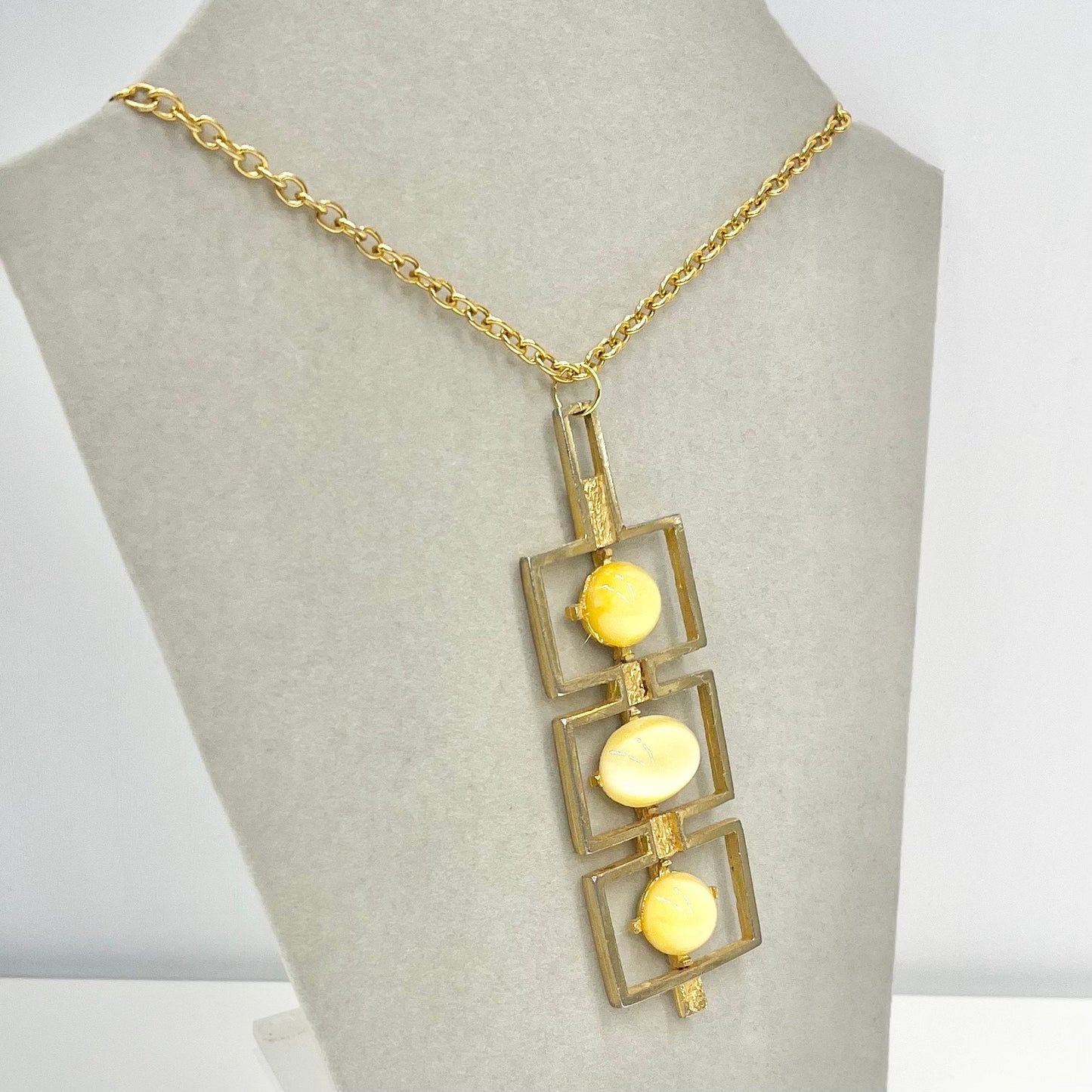 Vintage Yellow Czech Glass Modernist Pendant on a 28” Chain with Uranium Glasd Cabochons UV Reactive Glow TheGreenGlassGemShop