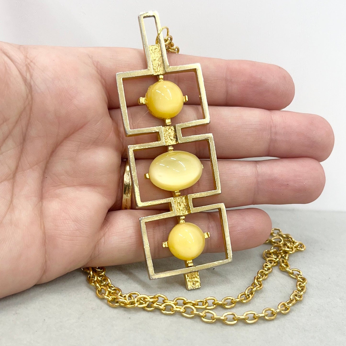 Vintage Yellow Czech Glass Modernist Pendant on a 28” Chain with Uranium Glasd Cabochons UV Reactive Glow TheGreenGlassGemShop