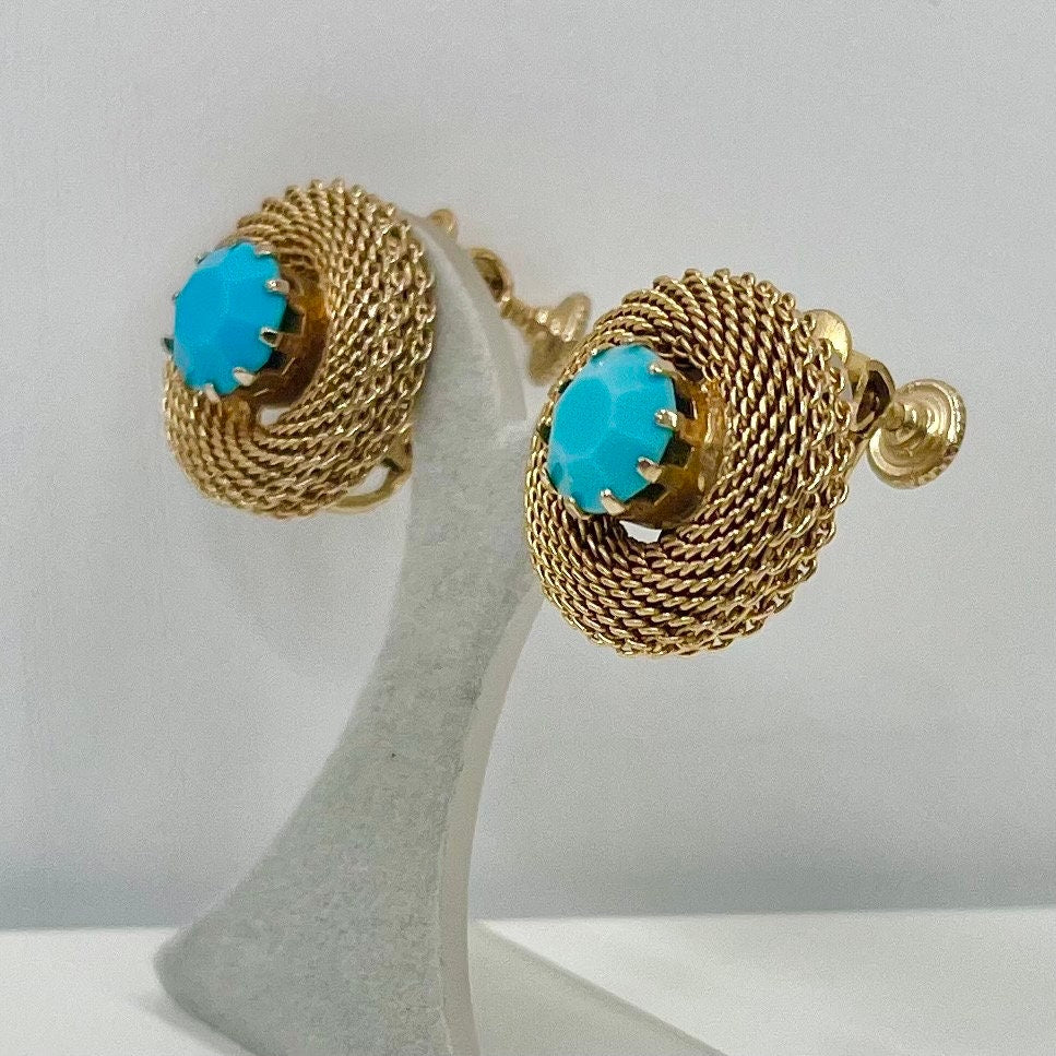 Vintage Faux Turquoise Blue Round Woven Mesh Clip On Earrings Gold Plated Hollywood Glamour TheGreenGlassGemShop