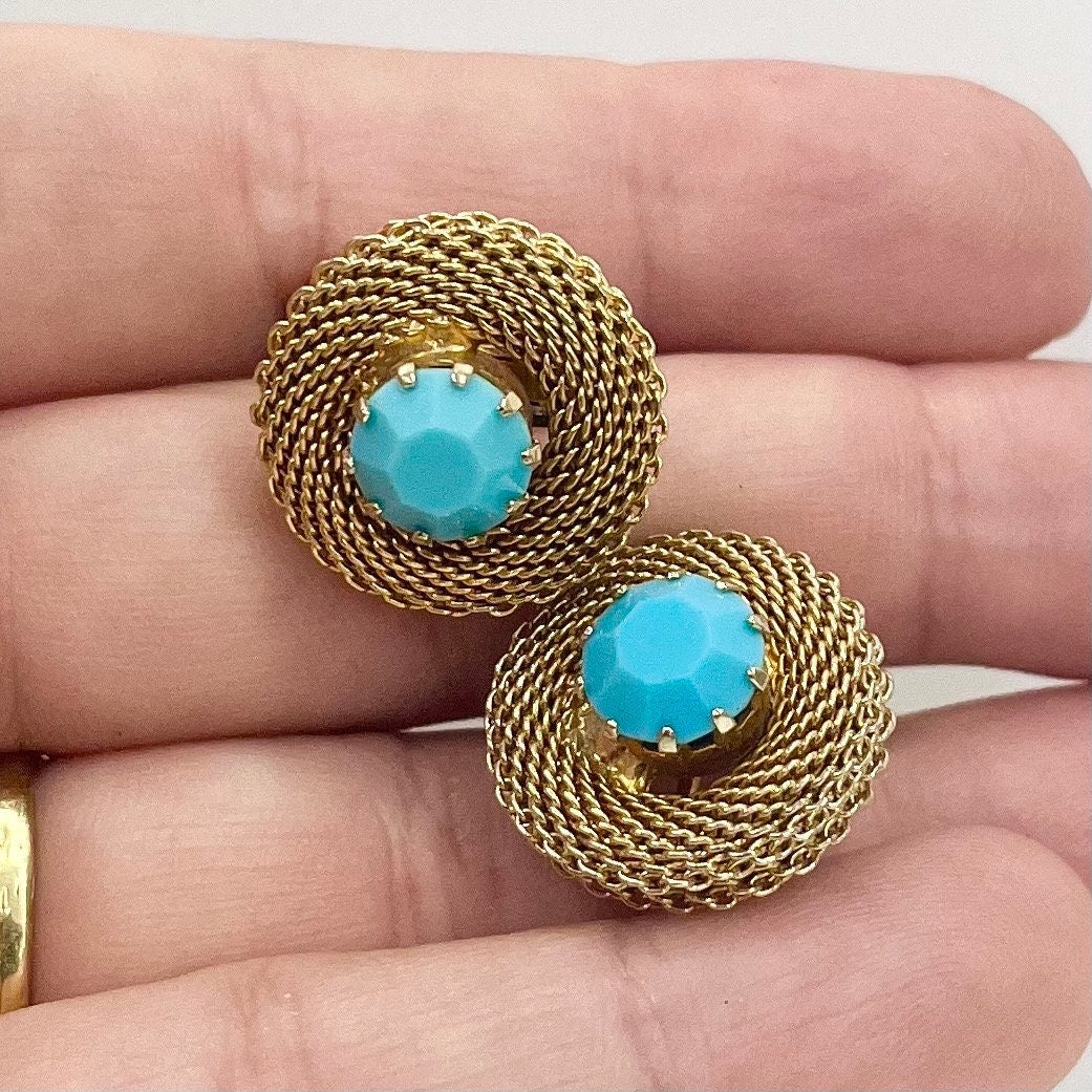 Vintage Faux Turquoise Blue Round Woven Mesh Clip On Earrings Gold Plated Hollywood Glamour TheGreenGlassGemShop