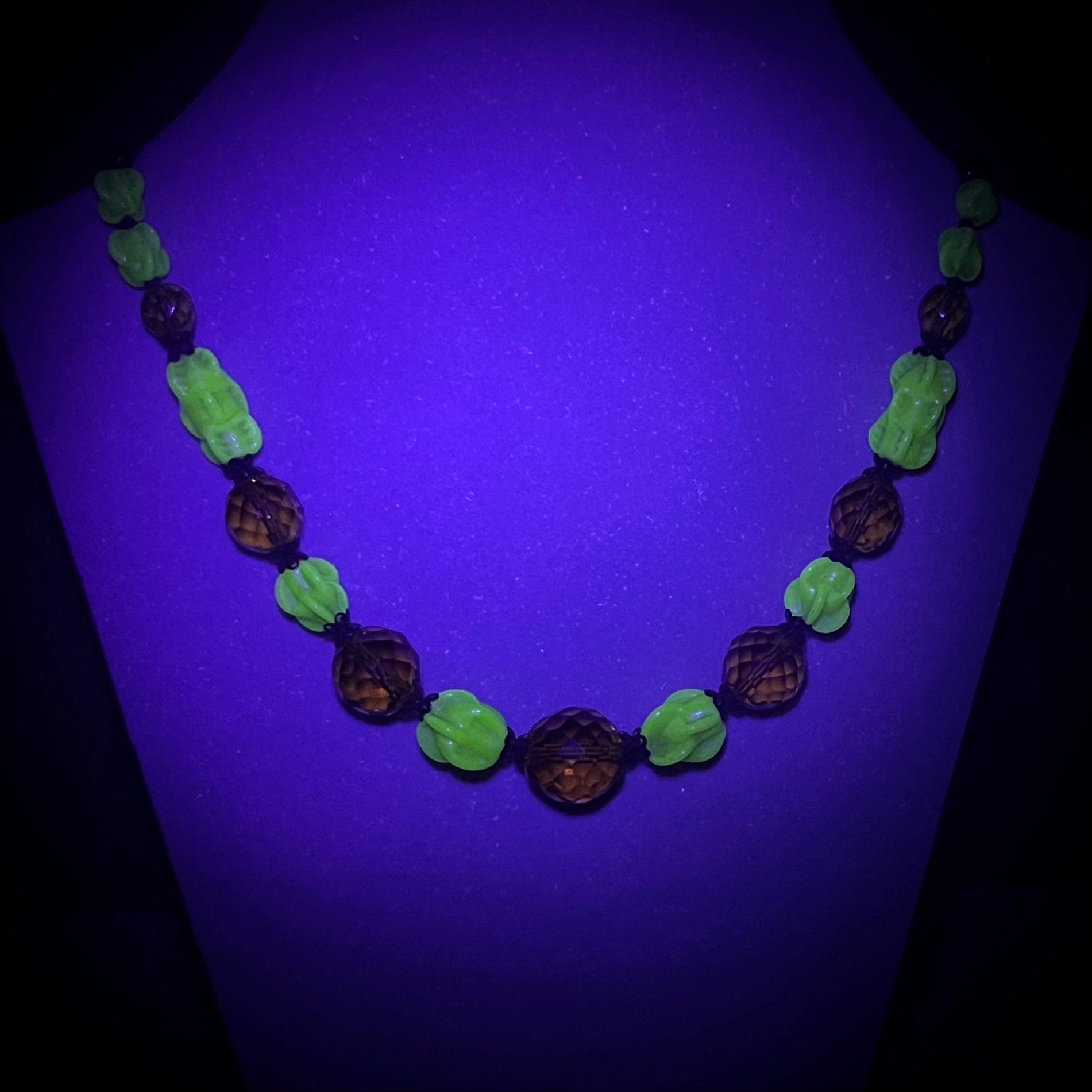 Vintage Art Deco Yellow Uranium Glass & Amber Glass Bead Necklace Bright Green UV Reactive Glow Jewellery 16” Long TheGreenGlassGemShop