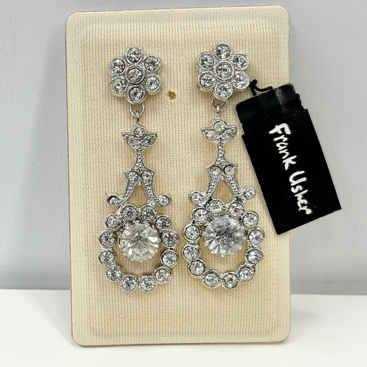 Vintage Frank Usher Crystal Flower Drop Earrings Silver Tone Statement Style 1980’s - 1990’s New Vintage Dead Stock TheGreenGlassGemShop