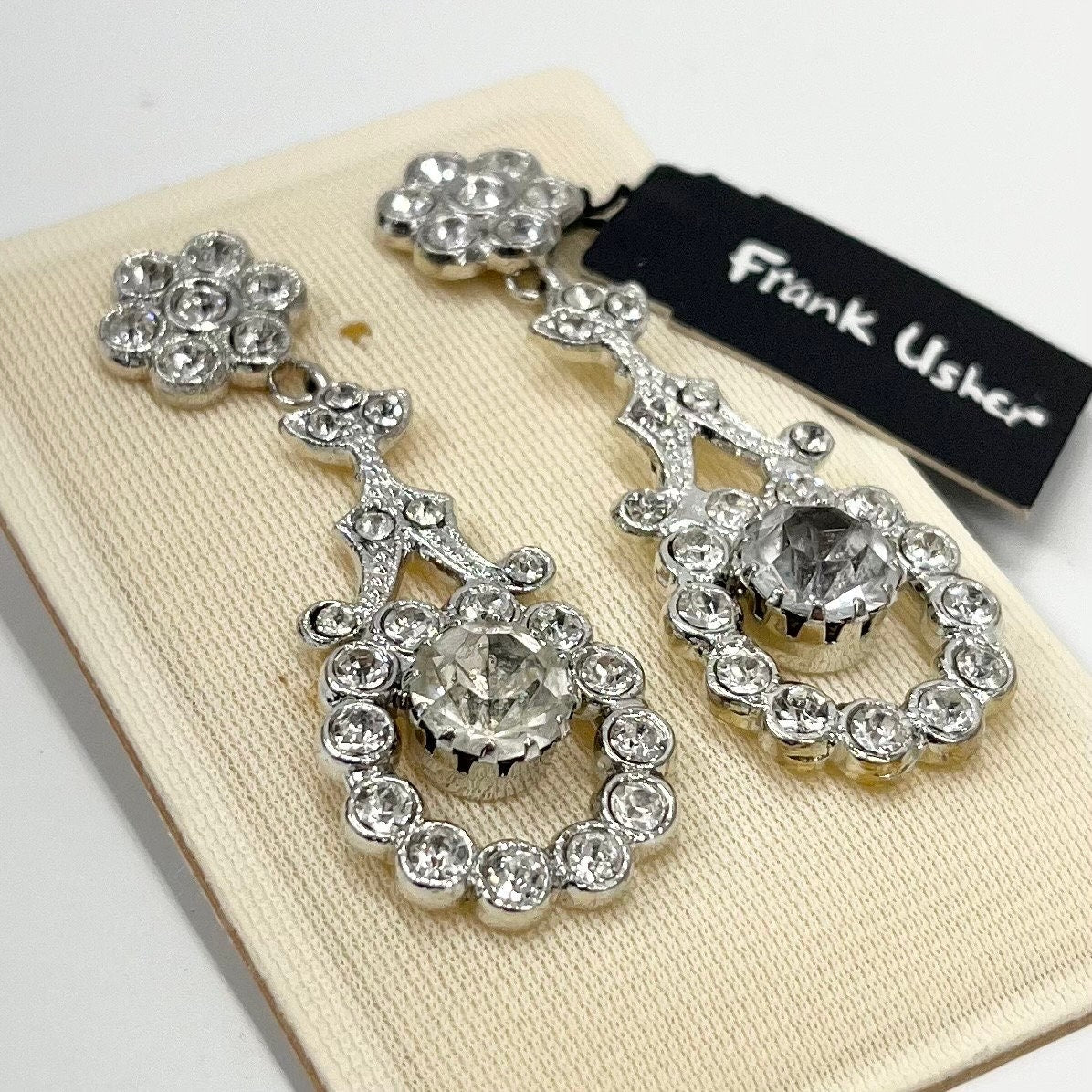 Vintage Frank Usher Crystal Flower Drop Earrings Silver Tone Statement Style 1980’s - 1990’s New Vintage Dead Stock TheGreenGlassGemShop