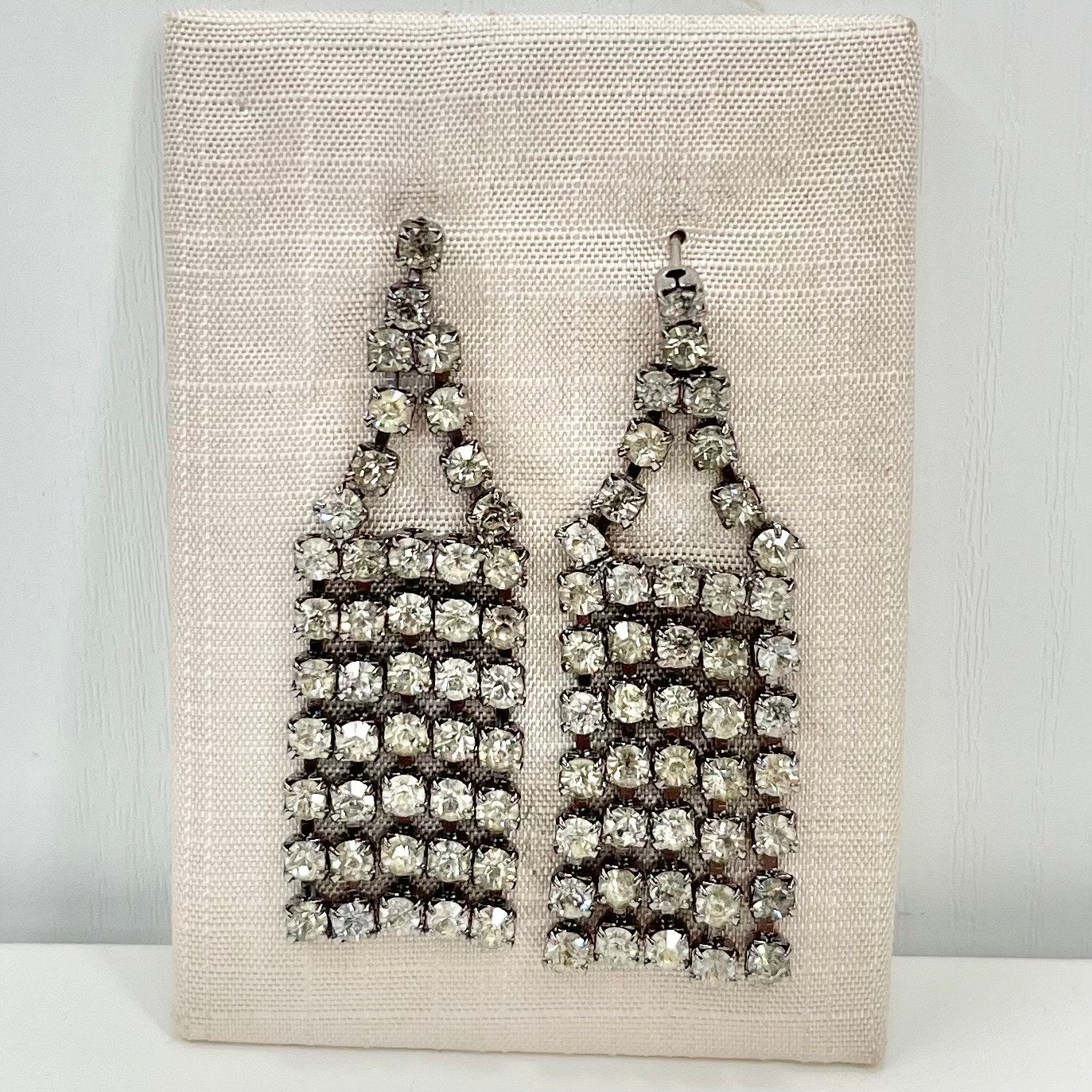 Vintage Clear Crystal Tassle Drop Earrings Silver Tone Statement Style 1980’s - 1990’s New Vintage Dead Stock TheGreenGlassGemShop