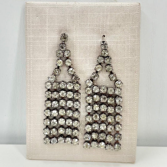 Vintage Clear Crystal Tassle Drop Earrings Silver Tone Statement Style 1980’s - 1990’s New Vintage Dead Stock TheGreenGlassGemShop