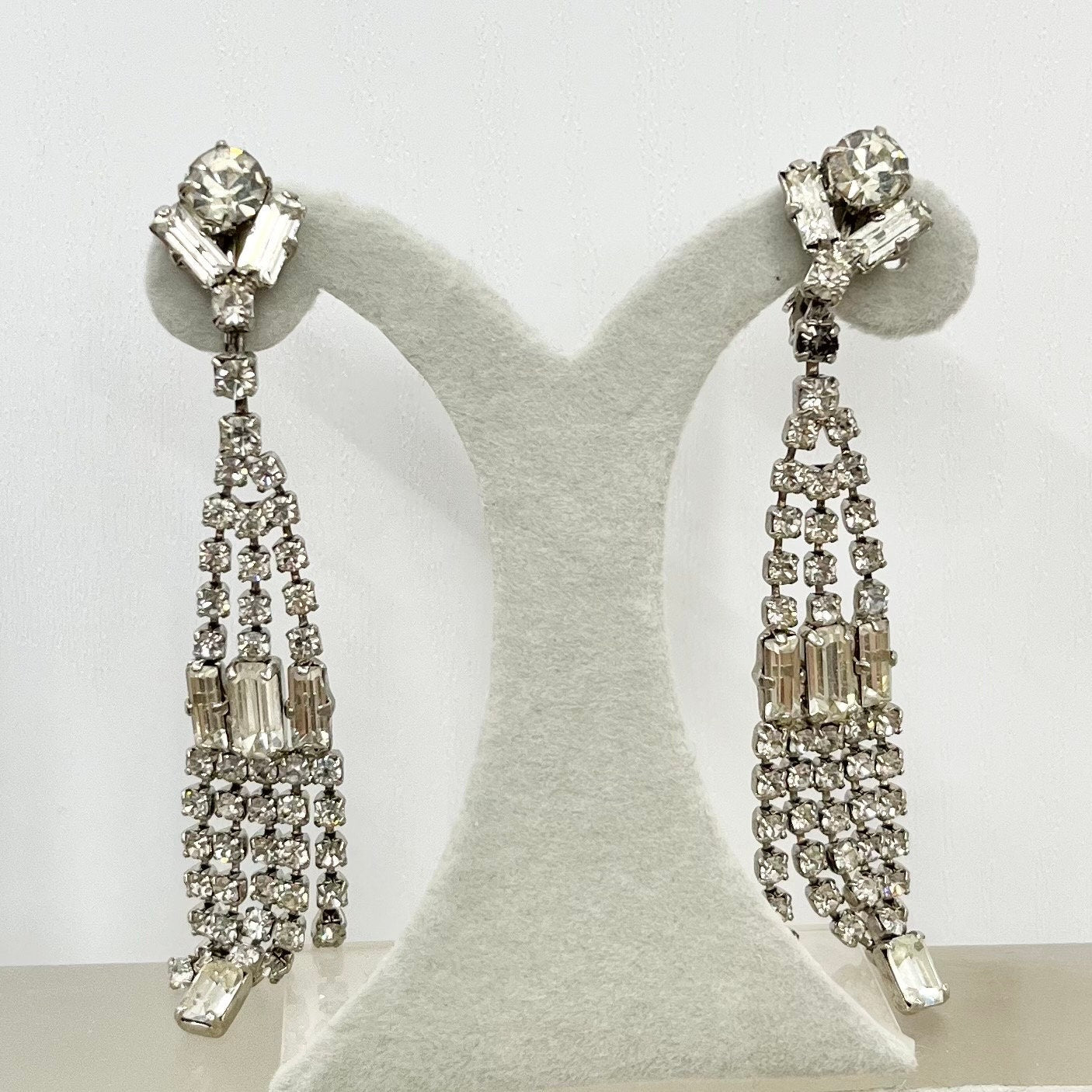 Vintage Clear Crystal Tassle Drop Clip On Earrings Silver Tone Statement Style 1980’s - 1990’s New Vintage Dead Stock TheGreenGlassGemShop