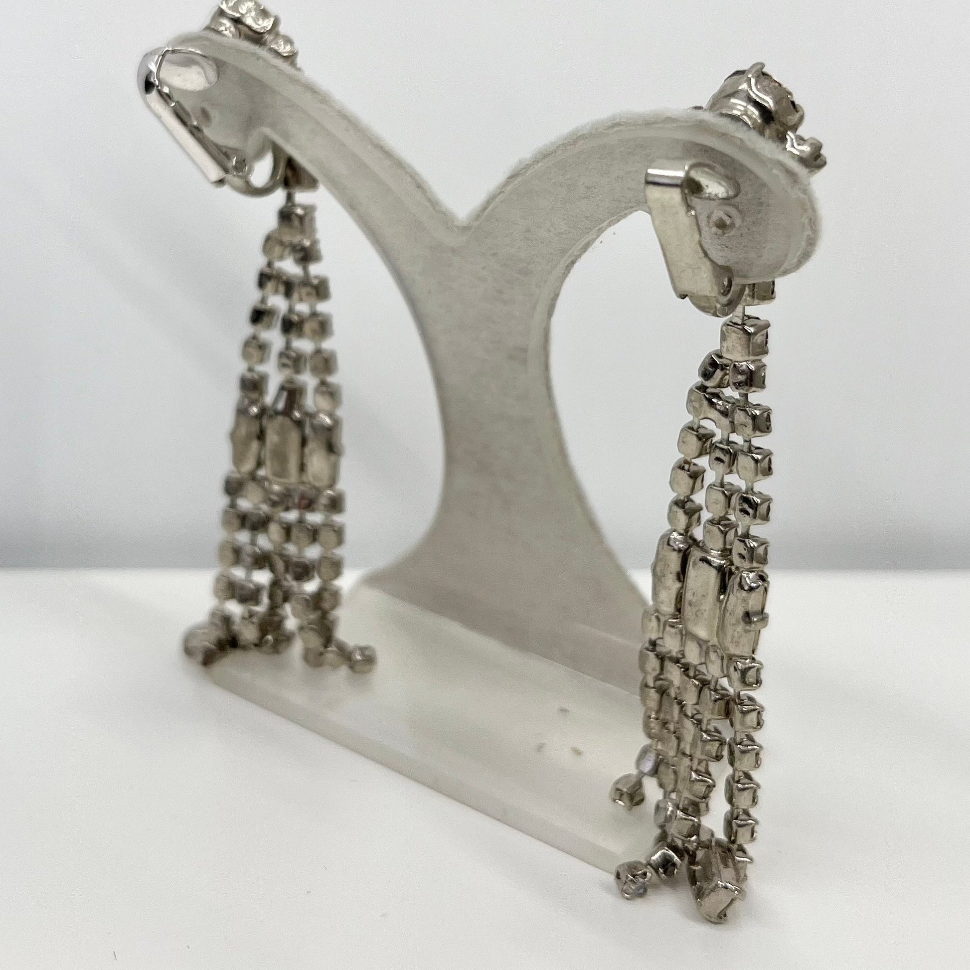 Vintage Clear Crystal Tassle Drop Clip On Earrings Silver Tone Statement Style 1980’s - 1990’s New Vintage Dead Stock TheGreenGlassGemShop