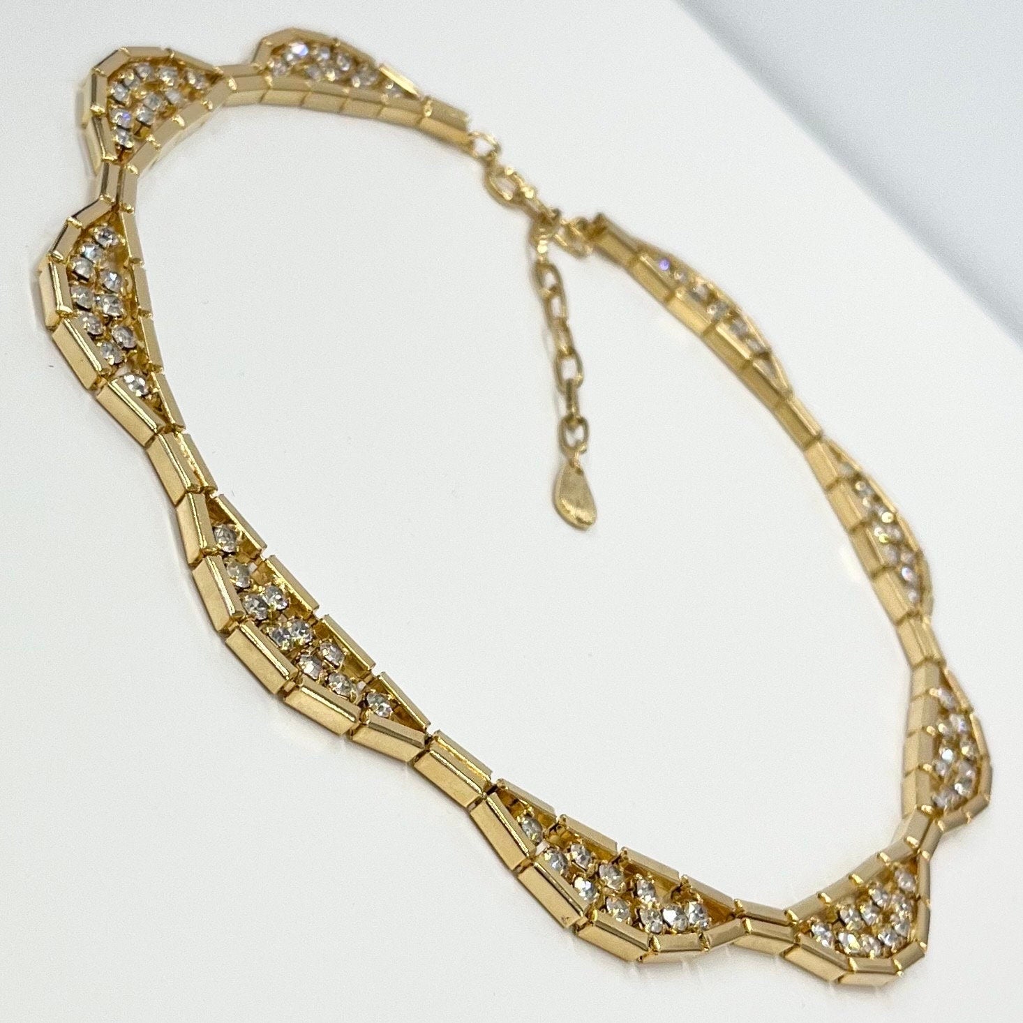 Vintage Gold Plated Scalloped Crystal Collar Necklace with Sparkling Diamante Accents 1980’s New Vintage Dead Stock TheGreenGlassGemShop