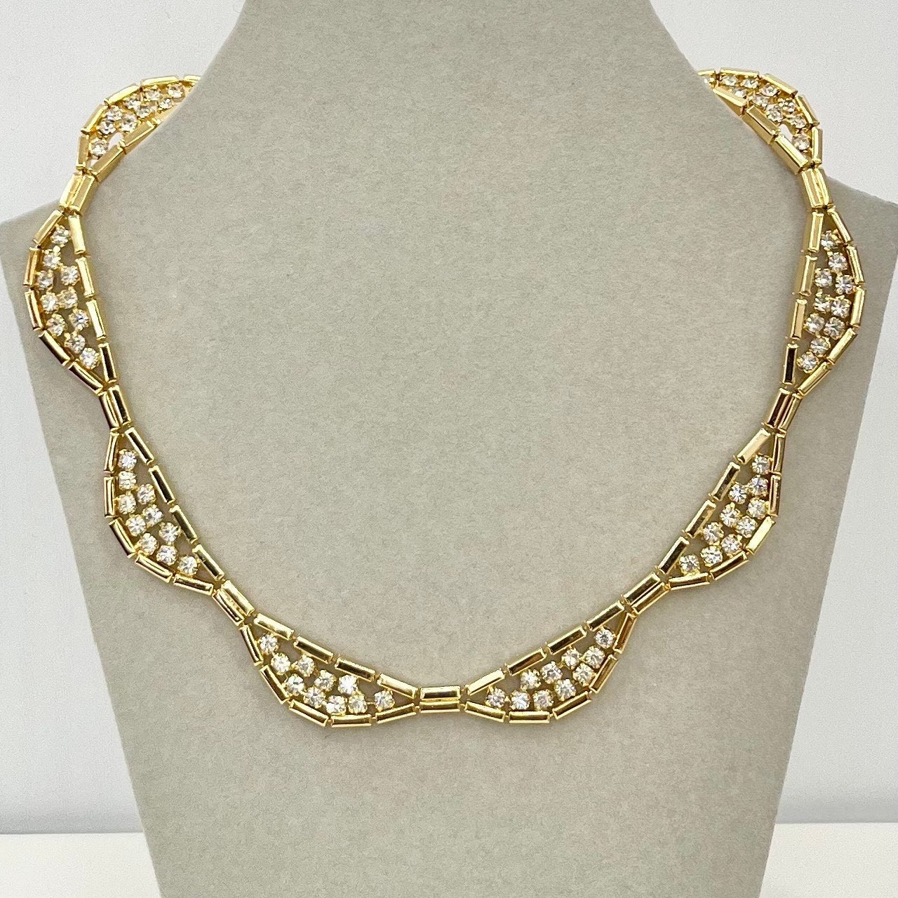 Vintage Gold Plated Scalloped Crystal Collar Necklace with Sparkling Diamante Accents 1980’s New Vintage Dead Stock TheGreenGlassGemShop