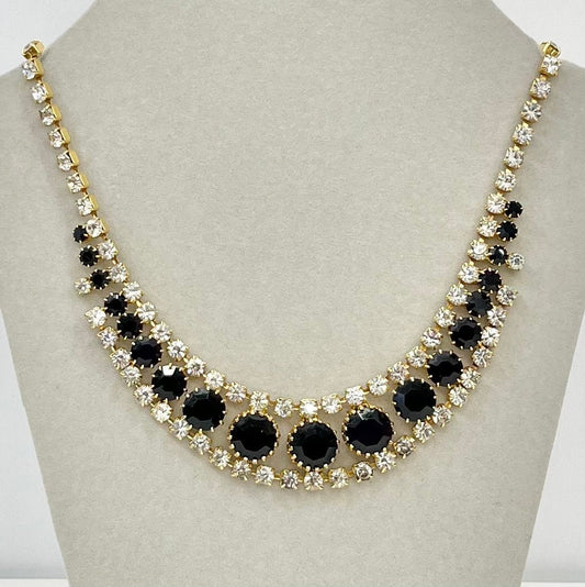 Vintage Gold Plated Black & Clear Graduated Crystal Collar Necklace 1980’s New Vintage Dead Stock TheGreenGlassGemShop