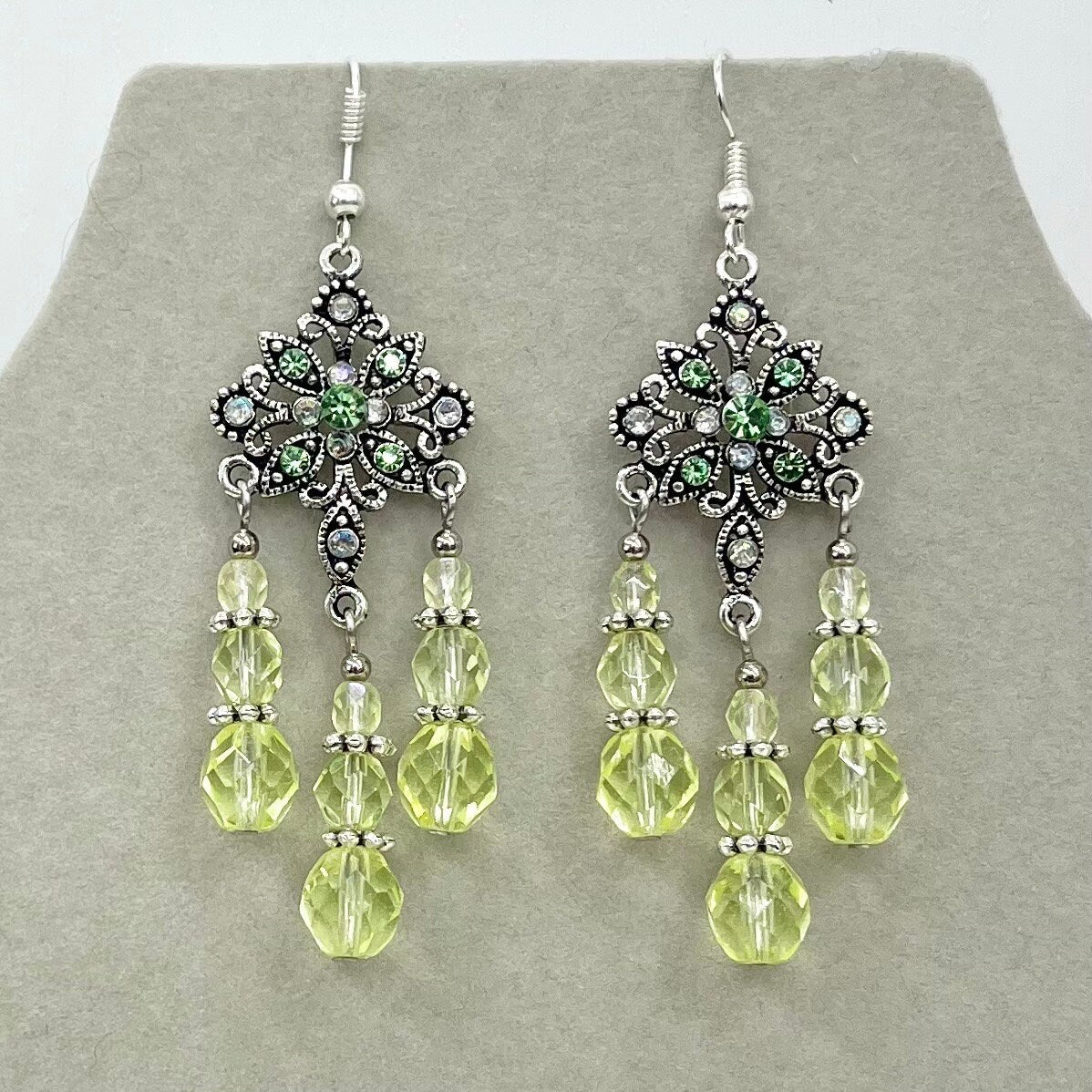 Handmade Yellow Czech Firepolished Crystal Uranium Glass Bead Drop Earrings Floral Chandelier Style UV Reactive Glow TheGreenGlassGemShop