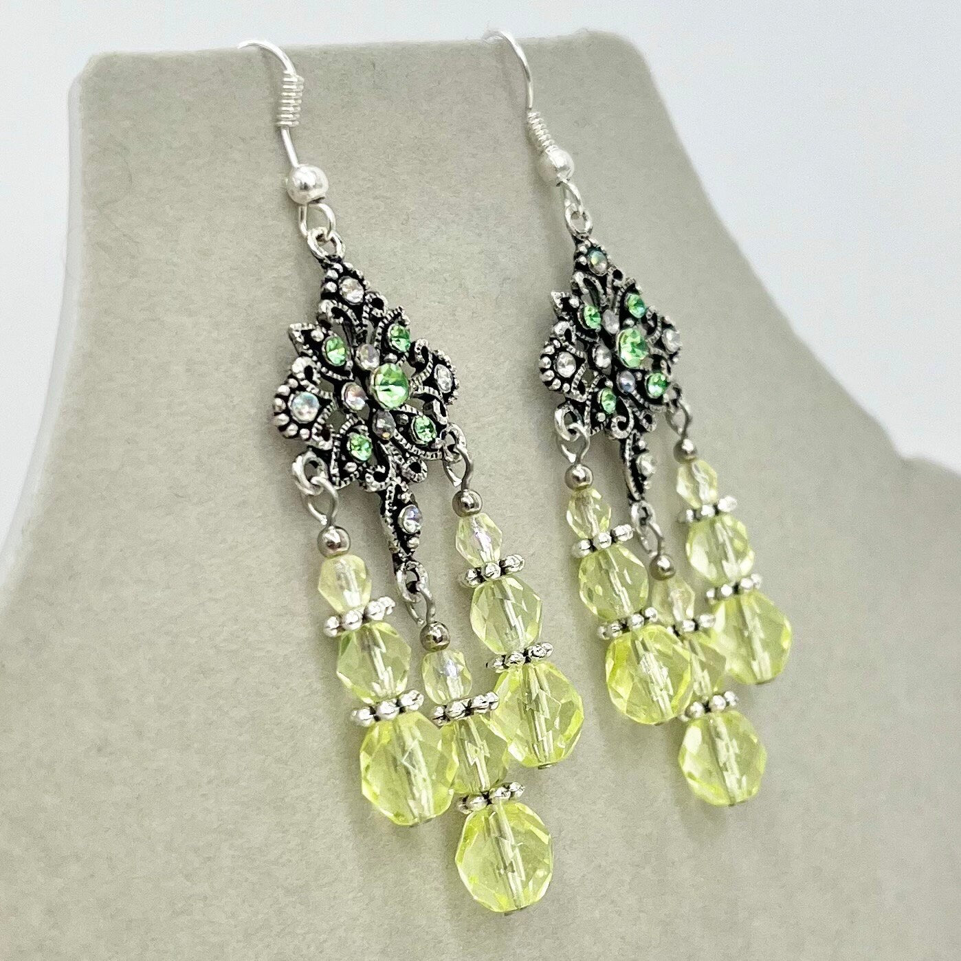 Handmade Yellow Czech Firepolished Crystal Uranium Glass Bead Drop Earrings Floral Chandelier Style UV Reactive Glow TheGreenGlassGemShop