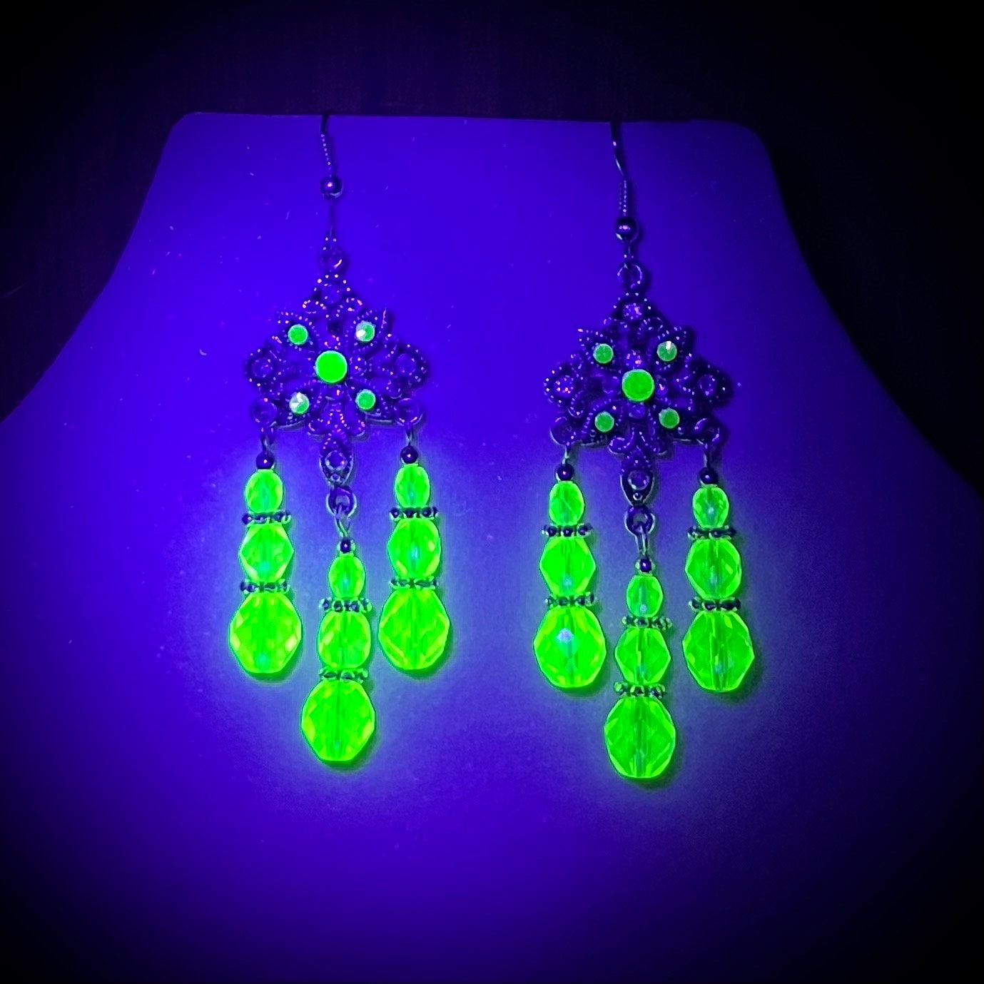 Handmade Yellow Czech Firepolished Crystal Uranium Glass Bead Drop Earrings Floral Chandelier Style UV Reactive Glow TheGreenGlassGemShop