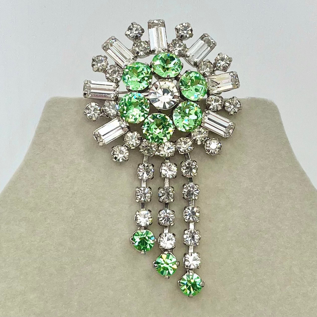 Large Statement Green Uranium & Clear Glass Crystal Flower Tassle Drop Brooch Silver Tone with a UV Reactive Glow UV Jewellery TheGreenGlassGemShop