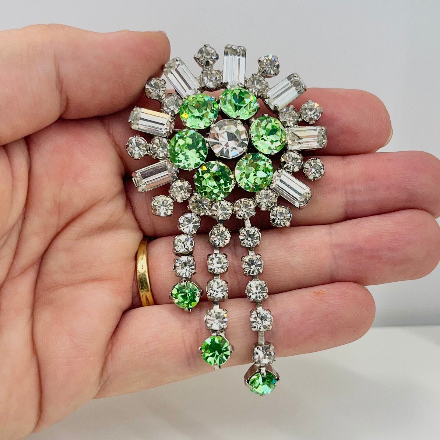 Large Statement Green Uranium & Clear Glass Crystal Flower Tassle Drop Brooch Silver Tone with a UV Reactive Glow UV Jewellery TheGreenGlassGemShop