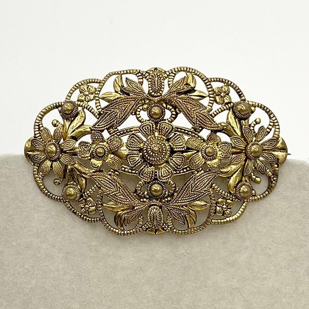 Antique Vintage Czech Floral Filigree Brass Stamping Brooch Oval Shape Beautifully Made Vintage Brooch TheGreenGlassGemShop