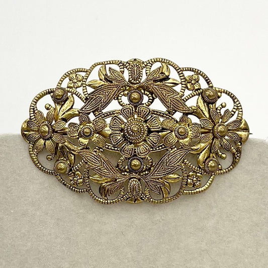 Antique Vintage Czech Floral Filigree Brass Stamping Brooch Oval Shape Beautifully Made Vintage Brooch TheGreenGlassGemShop