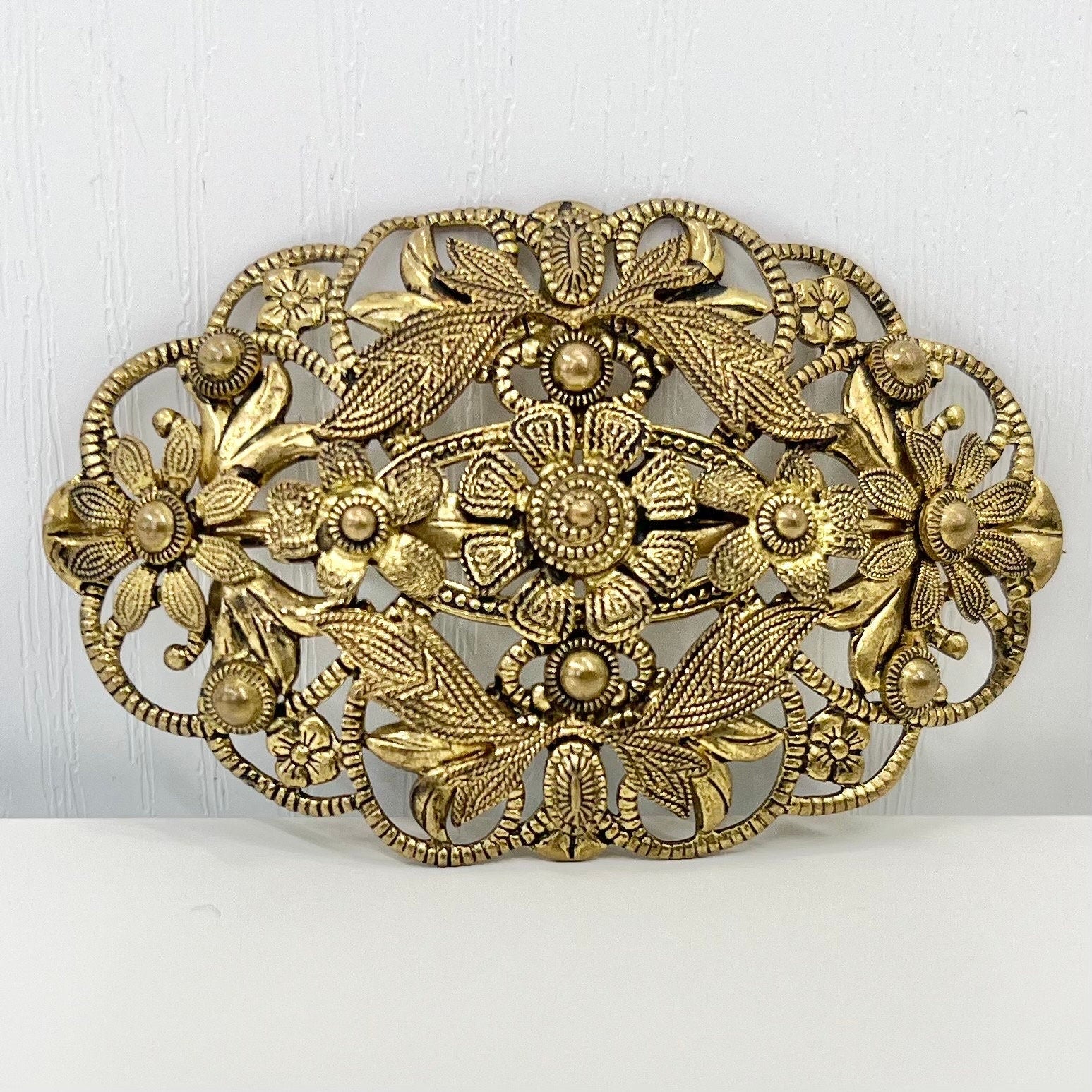 Antique Vintage Czech Floral Filigree Brass Stamping Brooch Oval Shape Beautifully Made Vintage Brooch TheGreenGlassGemShop