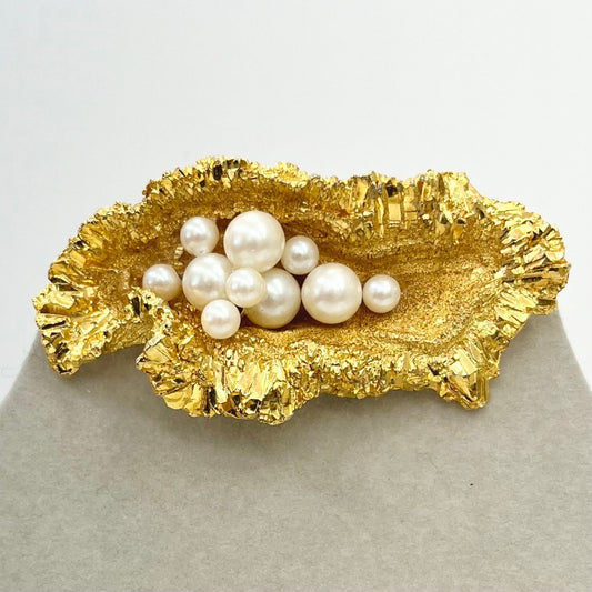 Vintage Gold Tone Brutalist Oyster Shaped Glass Pearl Brooch Large Contempory Costume Jewellery Statement Piece TheGreenGlassGemShop