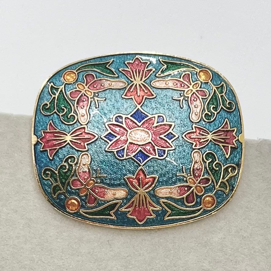 Vintage Gold Tone Cloisonne Enamel Floral Brooch Costume Jewellery Piece Blue Red & Green Tones TheGreenGlassGemShop