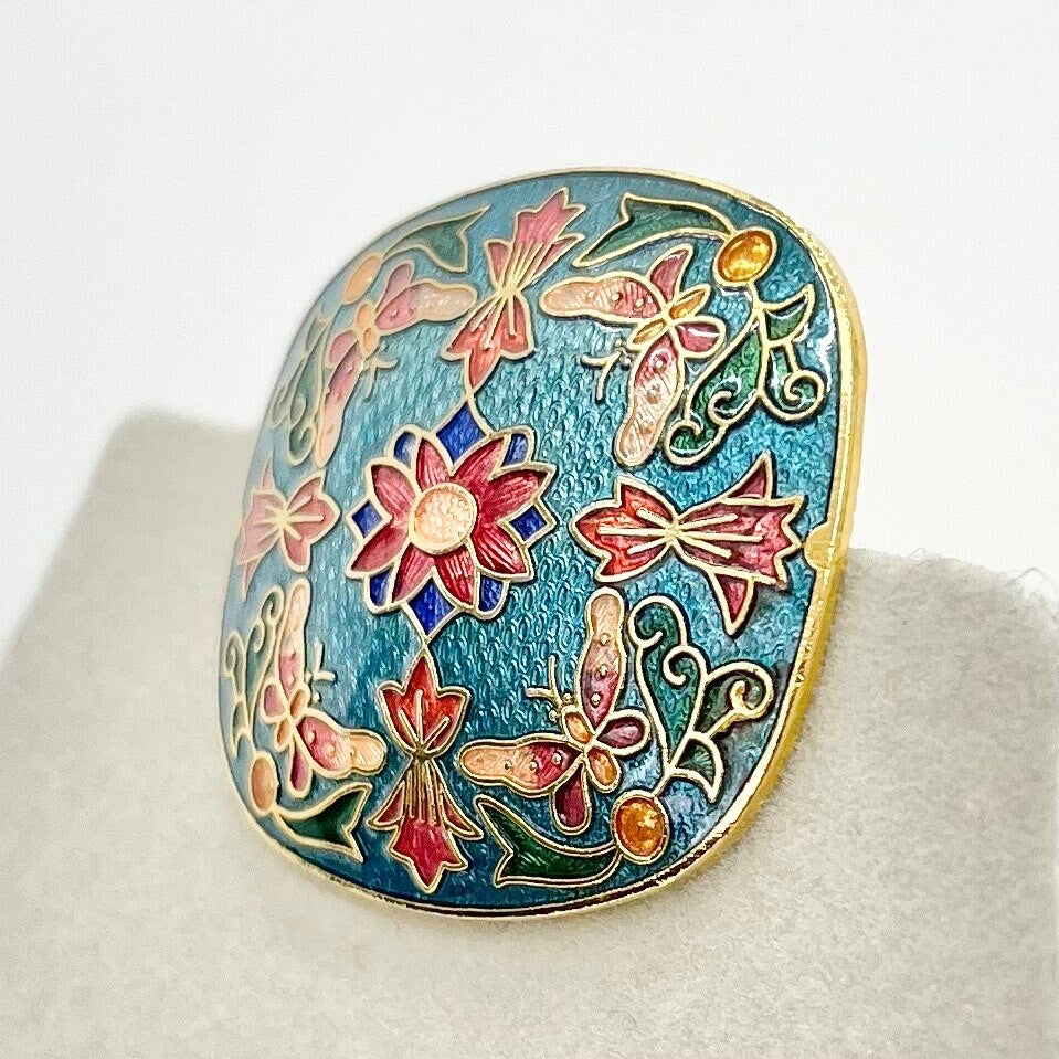 Vintage Gold Tone Cloisonne Enamel Floral Brooch Costume Jewellery Piece Blue Red & Green Tones TheGreenGlassGemShop