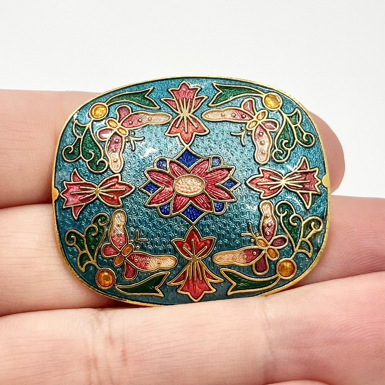 Vintage Gold Tone Cloisonne Enamel Floral Brooch Costume Jewellery Piece Blue Red & Green Tones TheGreenGlassGemShop