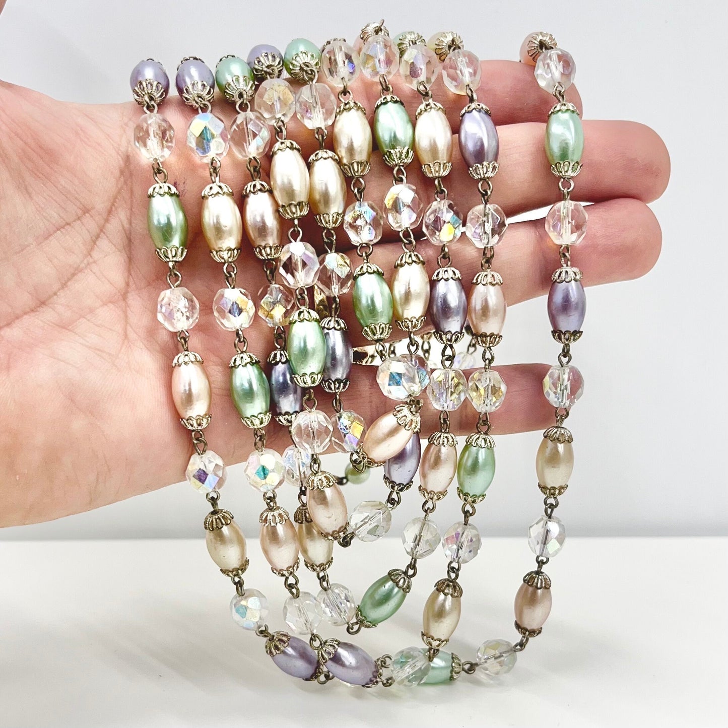 Vintage 5 Strand Pastel Coloured Czech AB Glass Bead & Glass Pearl Necklace Geaduated Multi Strand Necklace in Peach Green and Lilac TheGreenGlassGemShop