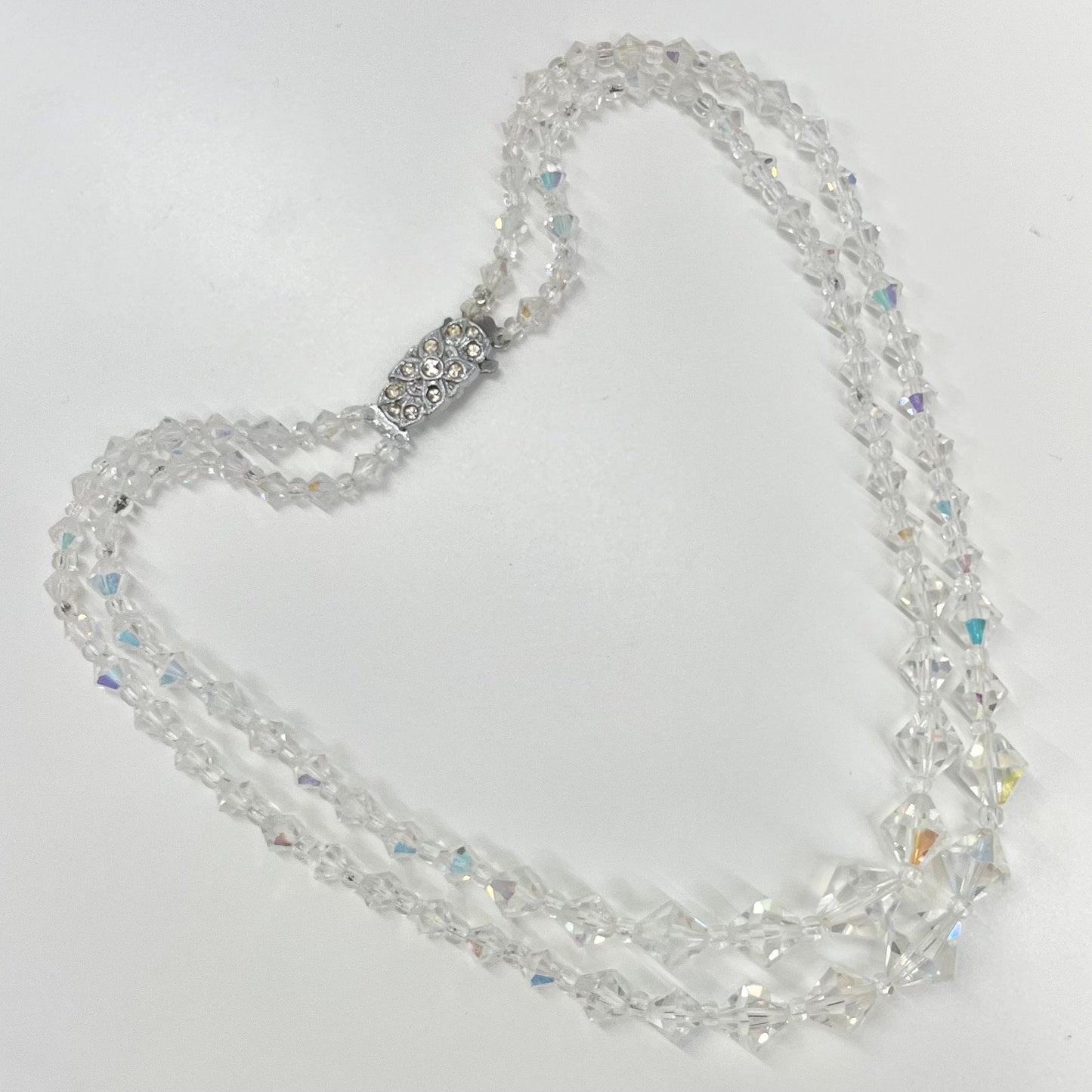 Vintage 1950’s - 1960’s Aurora Borealis Austrian Crystal Bicone Bead Necklace 2 Strand Sparkling Bridal Necklace with a Paste Diamante Clasp TheGreenGlassGemShop