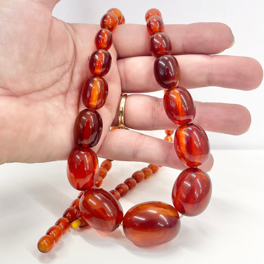 Vintage Art Deco Orange / Cherry Amber Bakelite Beaded Necklace Chunky Graduating Beads Long 27.5” Length 65 Grams TheGreenGlassGemShop