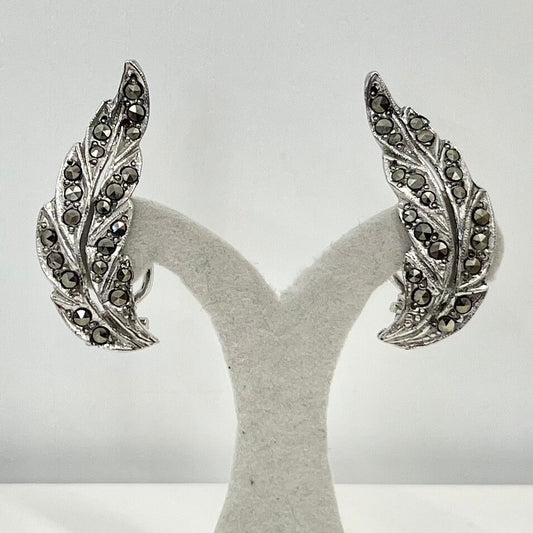 Vintage Hand Set Nymph Real Marcasite Leaf Clip On Earrings Silver Tone Victorian Style 1960’s - 1970’s TheGreenGlassGemShop