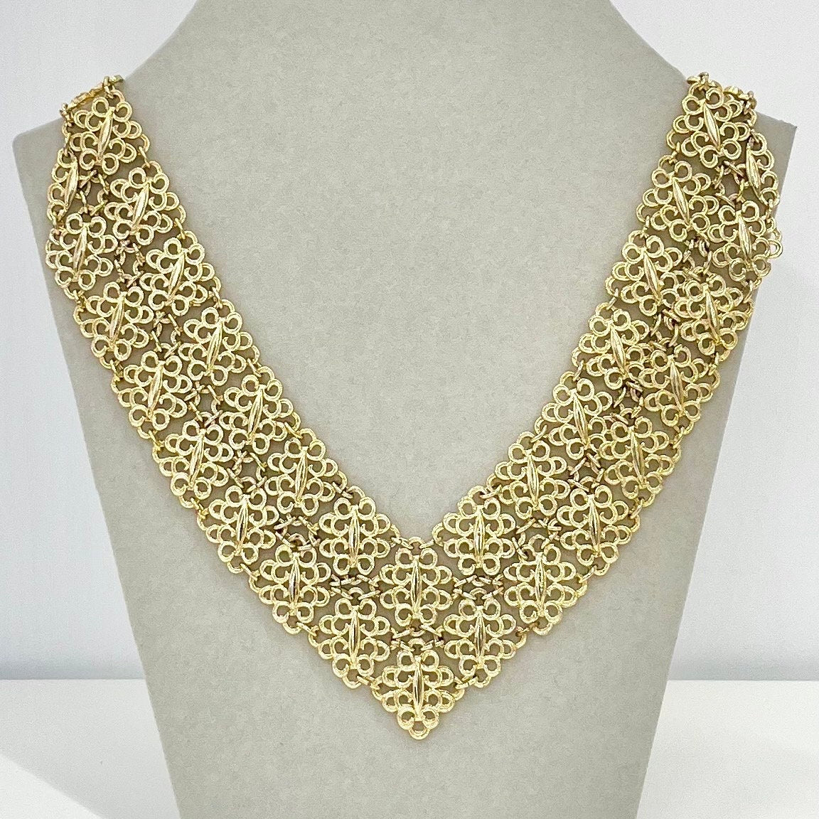 Vintage Gold Tone V Neck Collar Bib Necklace D’Orlan Statement Filigree Grecian Style Necklace TheGreenGlassGemShop