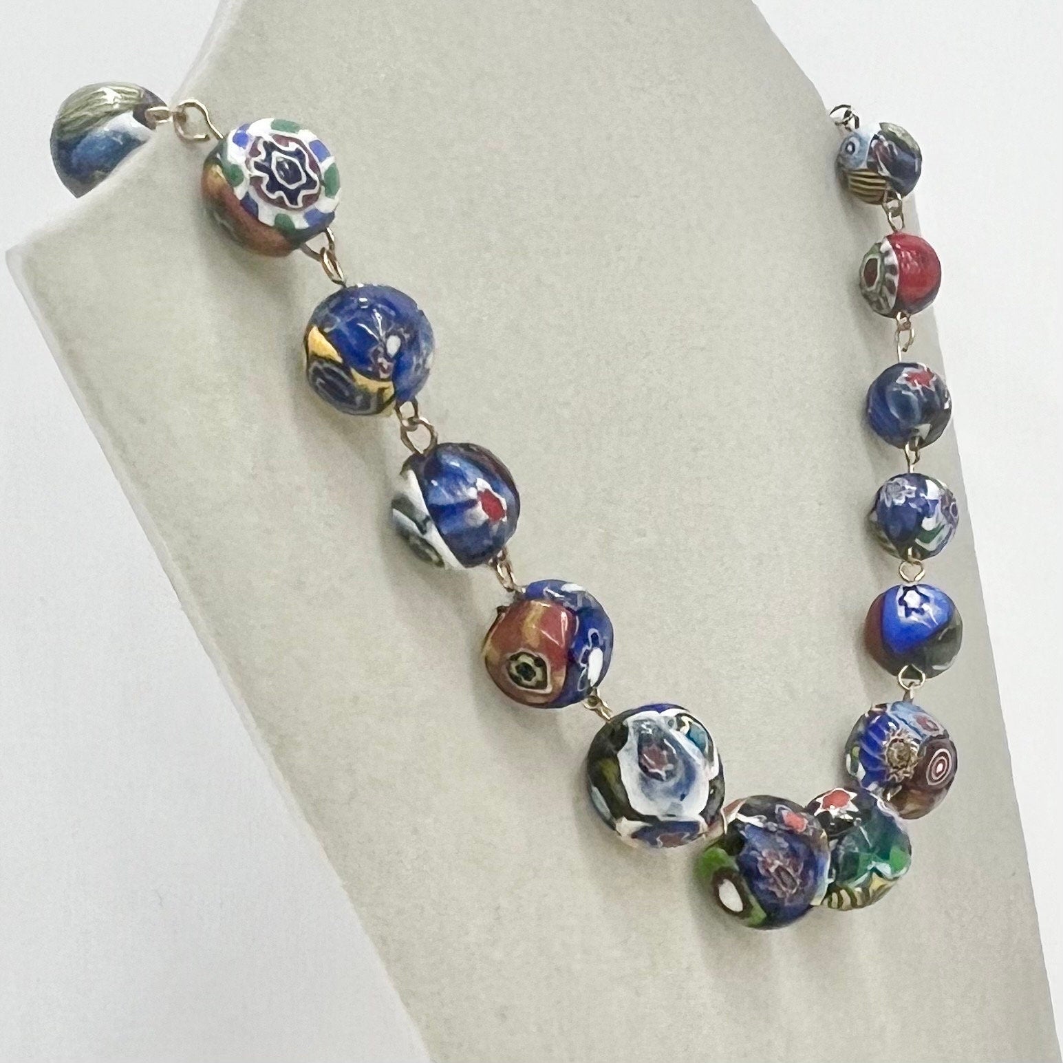 Vintage Blue Multi Coloured End Of Day Venetian Millefiori Glass Bead Necklace Murano Jewellery 17” Long TheGreenGlassGemShop