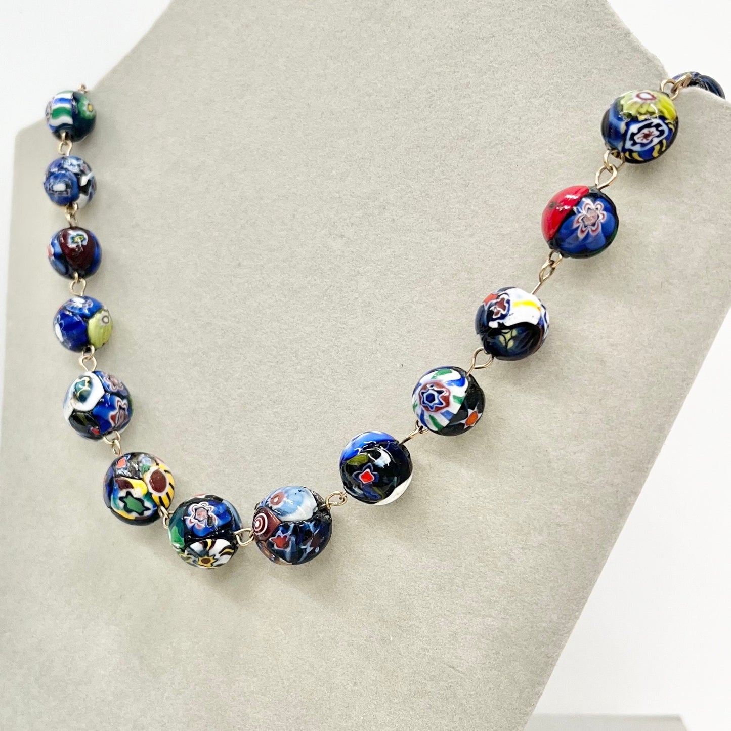 Vintage Blue Multi Coloured End Of Day Venetian Millefiori Glass Bead Necklace Murano Jewellery 17” Long TheGreenGlassGemShop