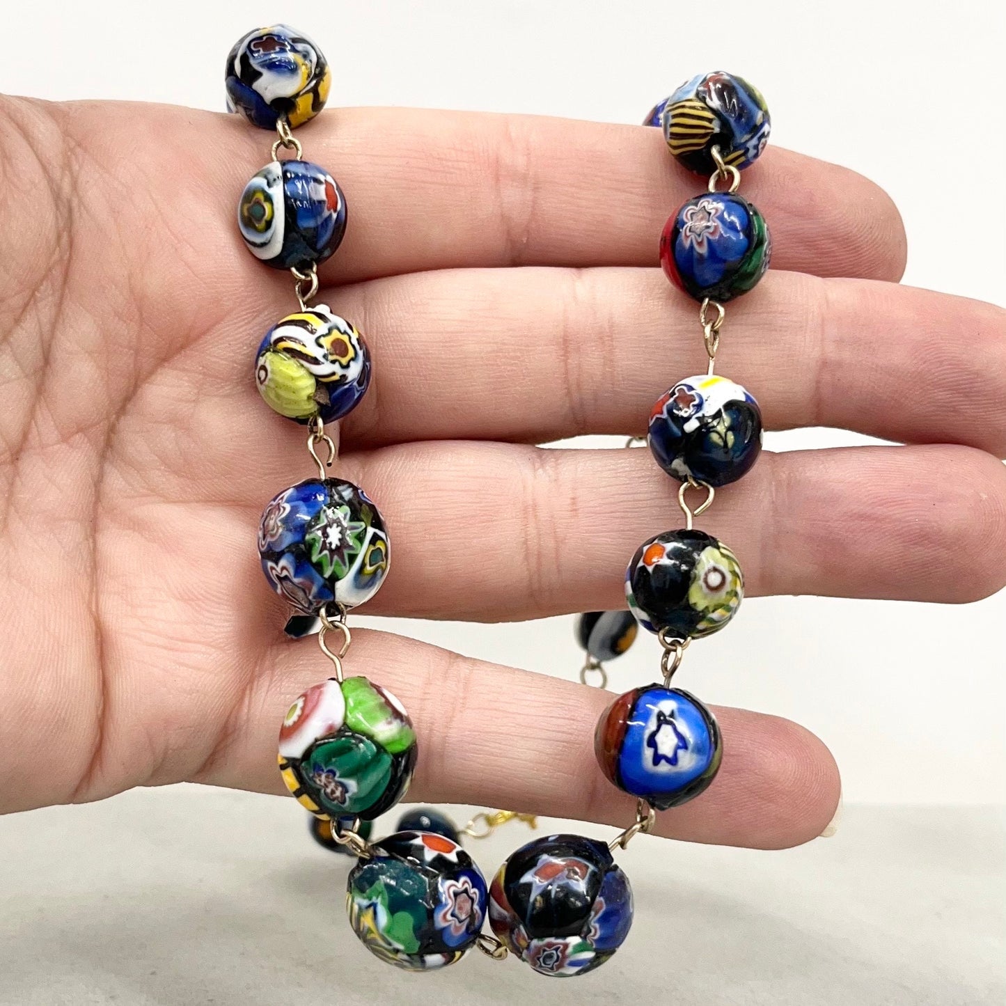 Vintage Blue Multi Coloured End Of Day Venetian Millefiori Glass Bead Necklace Murano Jewellery 17” Long TheGreenGlassGemShop