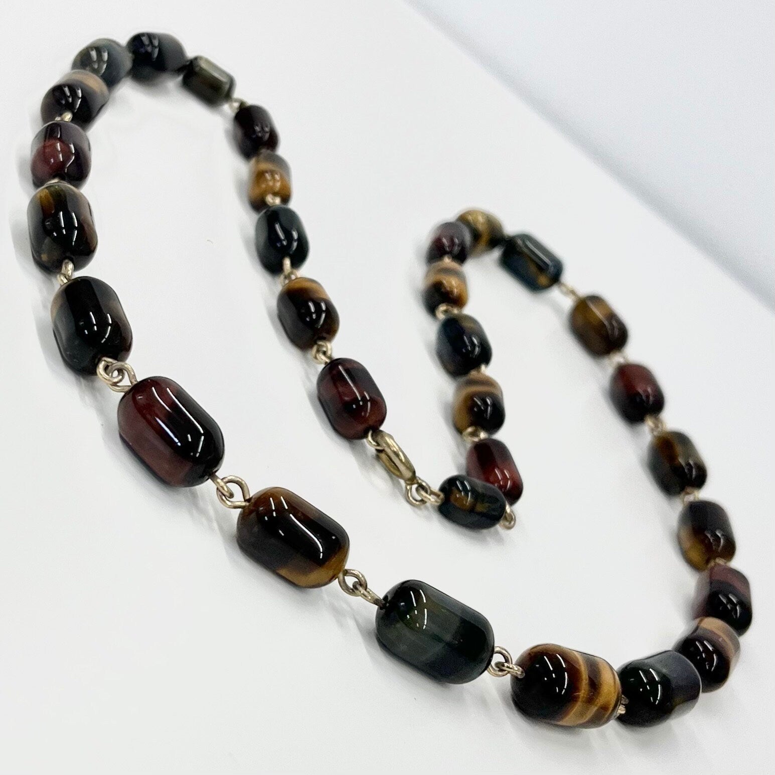 Vintage Three Coloured Tigers Eye Bead Necklace Blue Red Brown Semi Precious Beaded Necklace 24” Long Fabulous Beads TheGreenGlassGemShop