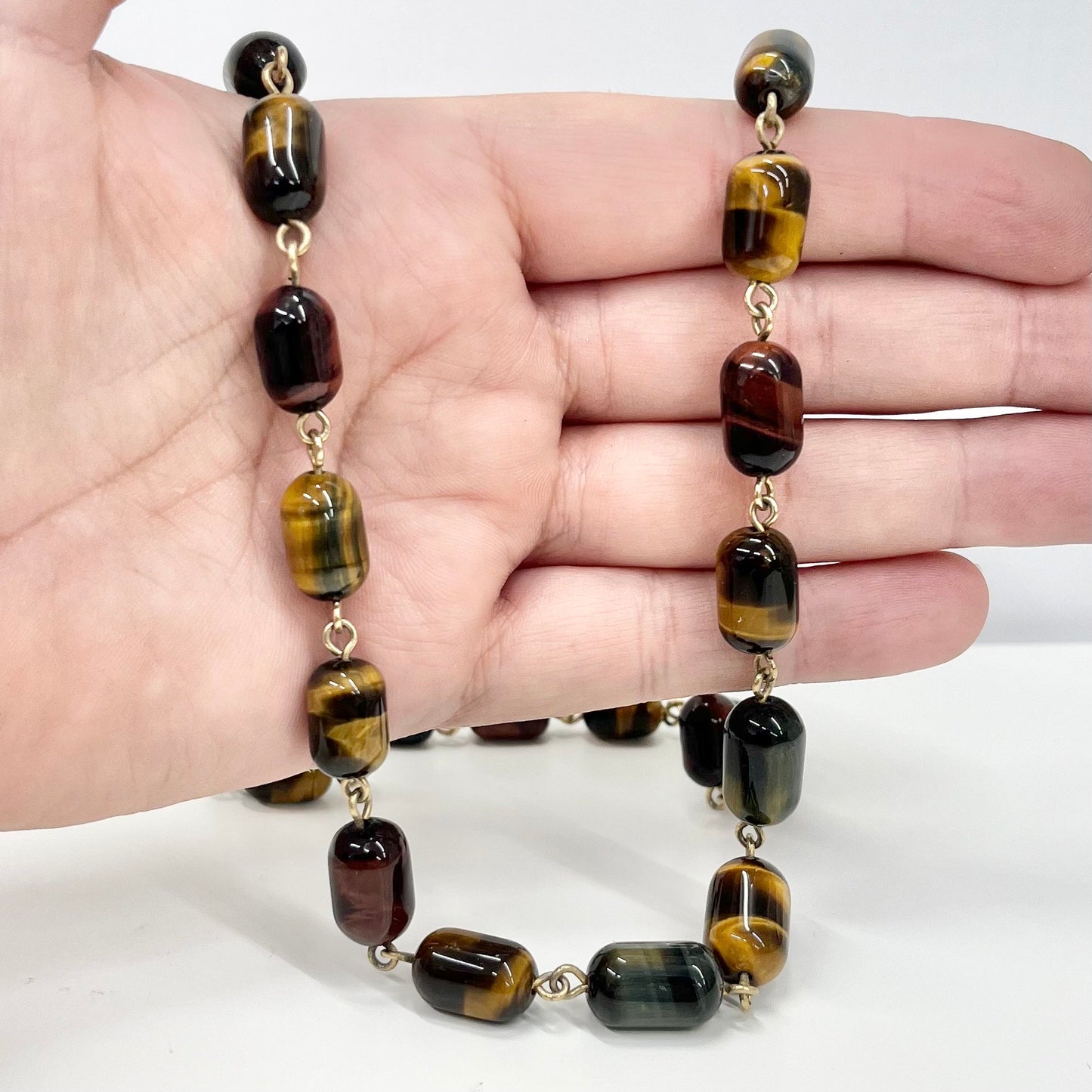 Vintage Three Coloured Tigers Eye Bead Necklace Blue Red Brown Semi Precious Beaded Necklace 24” Long Fabulous Beads TheGreenGlassGemShop