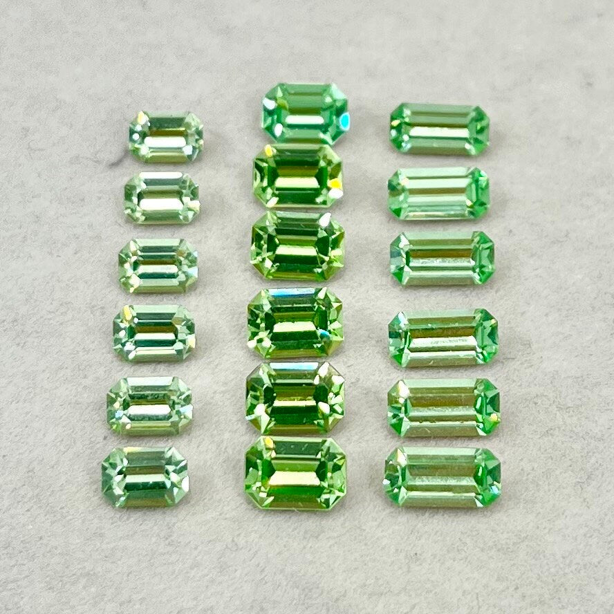 Pack of 18 Rare Uranium Vaseline Glass Swarovski Crystals Faceted Emerald Cut in 3 Sizes 6x4mm 4x8mm 7x5mm Rare Cuts TheGreenGlassGemShop