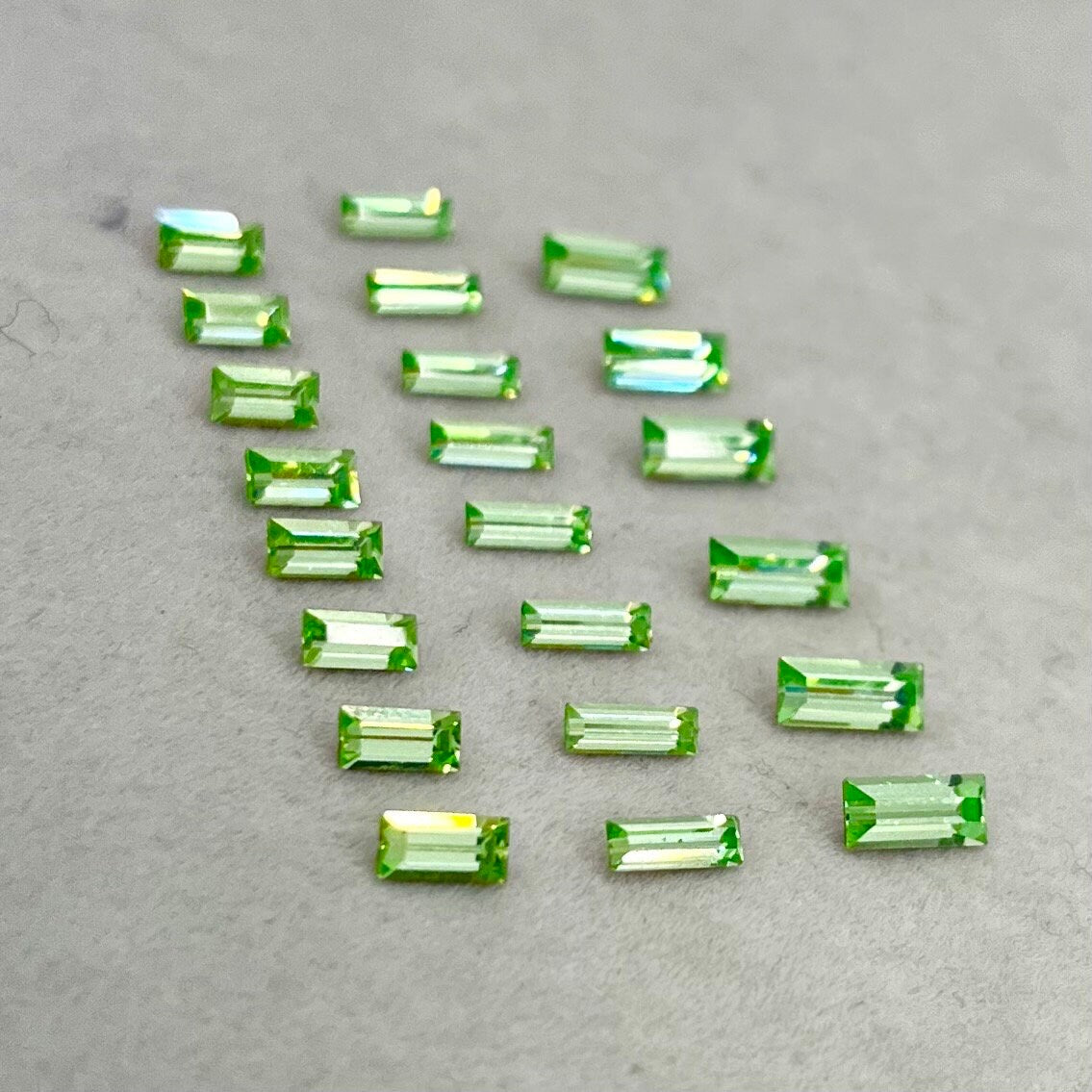 Pack of 22 Rare Uranium Vaseline Glass Swarovski Crystals Faceted Baguette Cut in 3 Sizes 2.5x5mm 3x7mm 2x6mm Rare Cuts TheGreenGlassGemShop