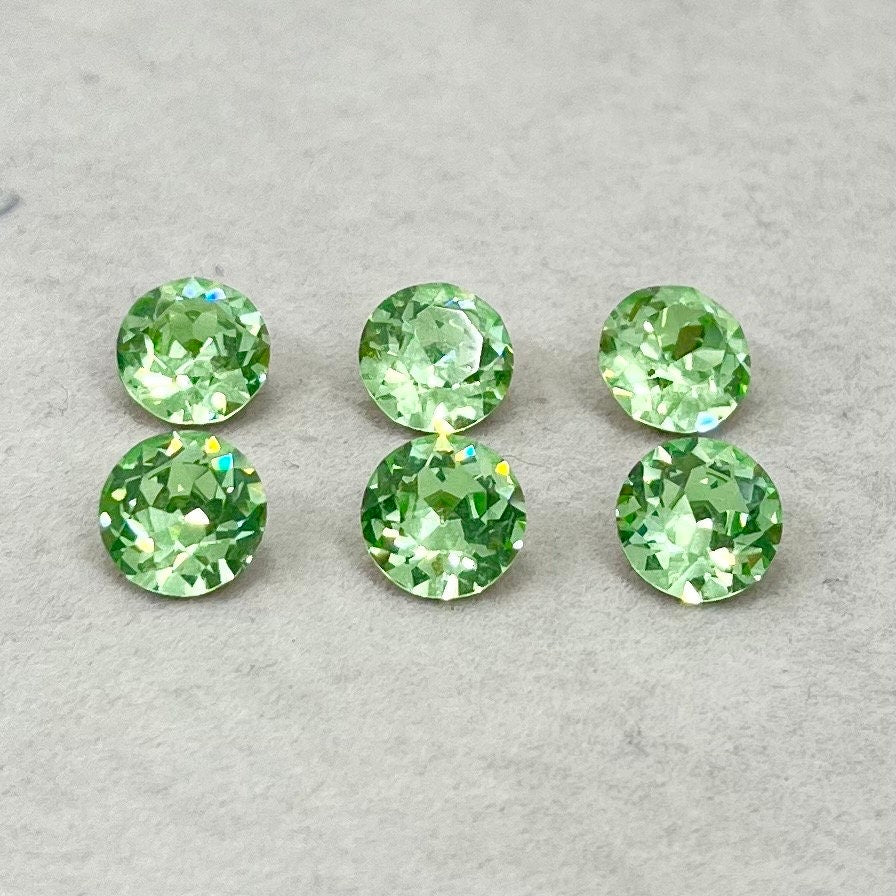 Pack of 6 Rare Uranium Vaseline Glass Swarovski Crystals Faceted Round Cut Dentelles SS40 approx 9mm TheGreenGlassGemShop