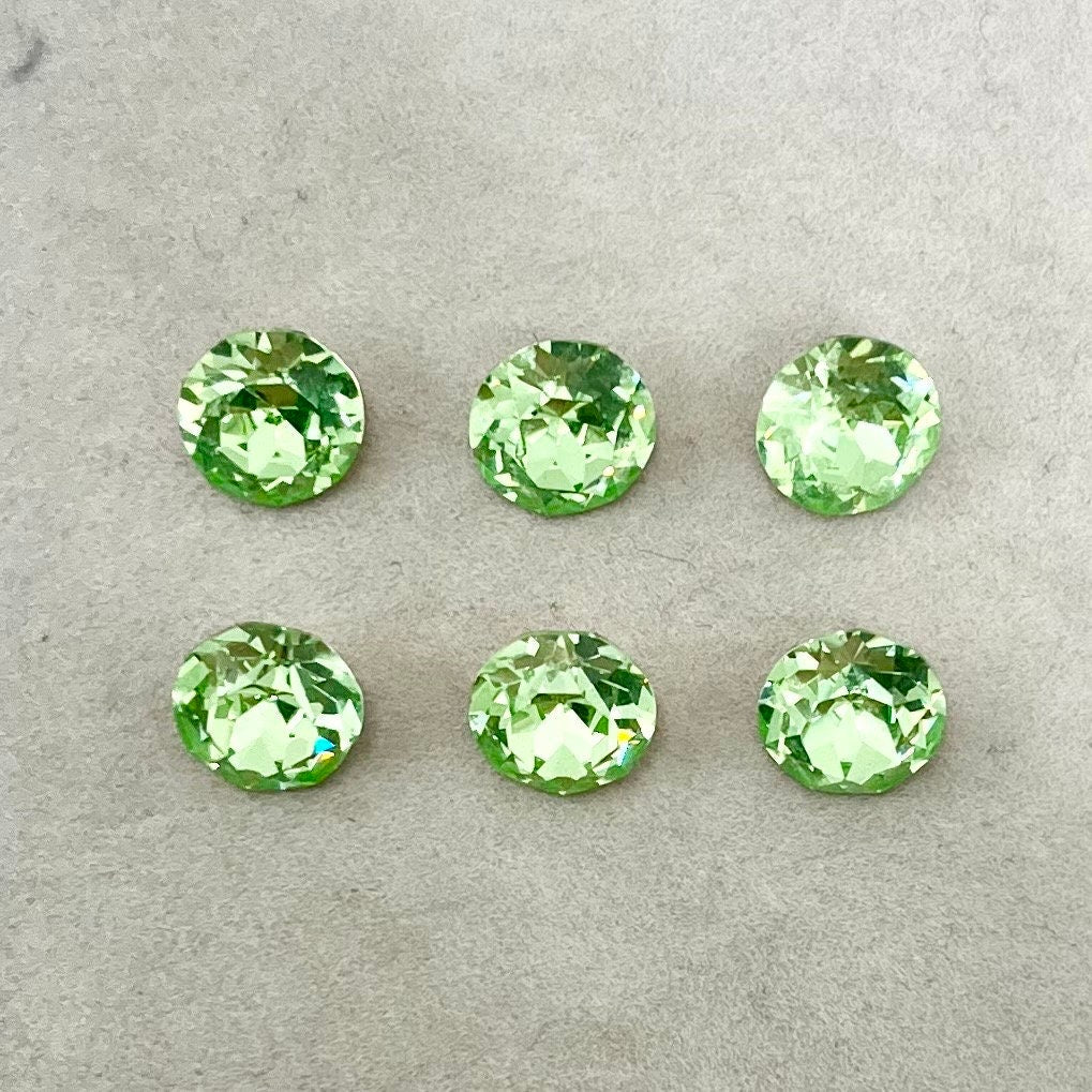 Pack of 6 Rare Uranium Vaseline Glass Swarovski Crystals Faceted Round Cut Dentelles SS40 approx 9mm TheGreenGlassGemShop