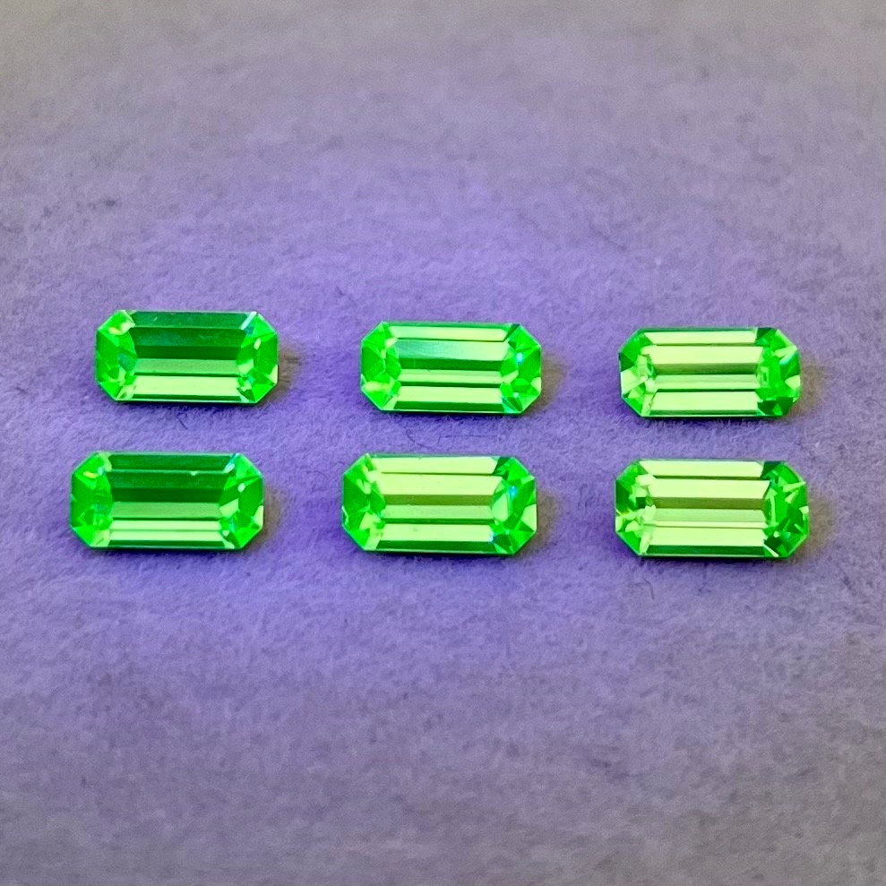 Pack of 6 Rare Uranium Vaseline Glass Swarovski Crystals Faceted Emerald Cut 4x8mm Rare Rectangle Uranium Crystals TheGreenGlassGemShop