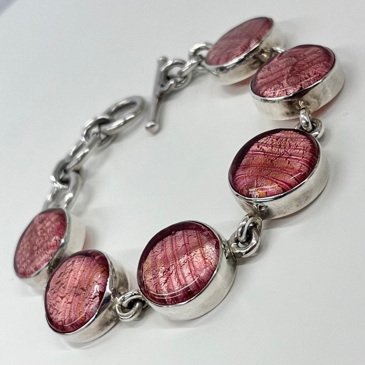 Vintage Chunky White Metal Silver Colour Bracelet with Pink Lampwork Gold Foil Glass Beads Costume Jewellery 7” - 9” with a Toggle Clasp TheGreenGlassGemShop