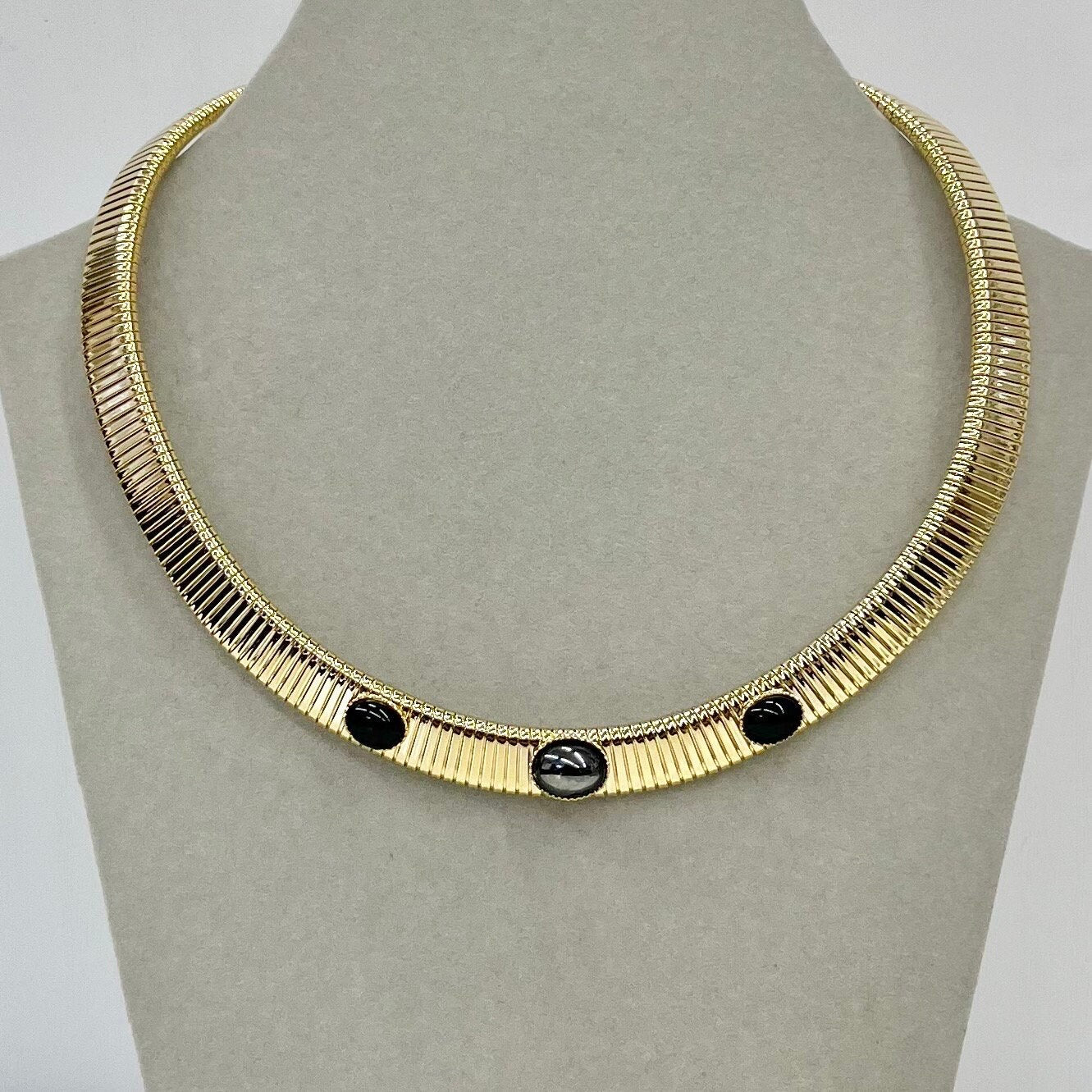 Vintage Gold Plated Flat Chain Grecian Style Collar Necklace 1970’s - 1980’s Slinky Collar Design with Hematite Glass Accents TheGreenGlassGemShop