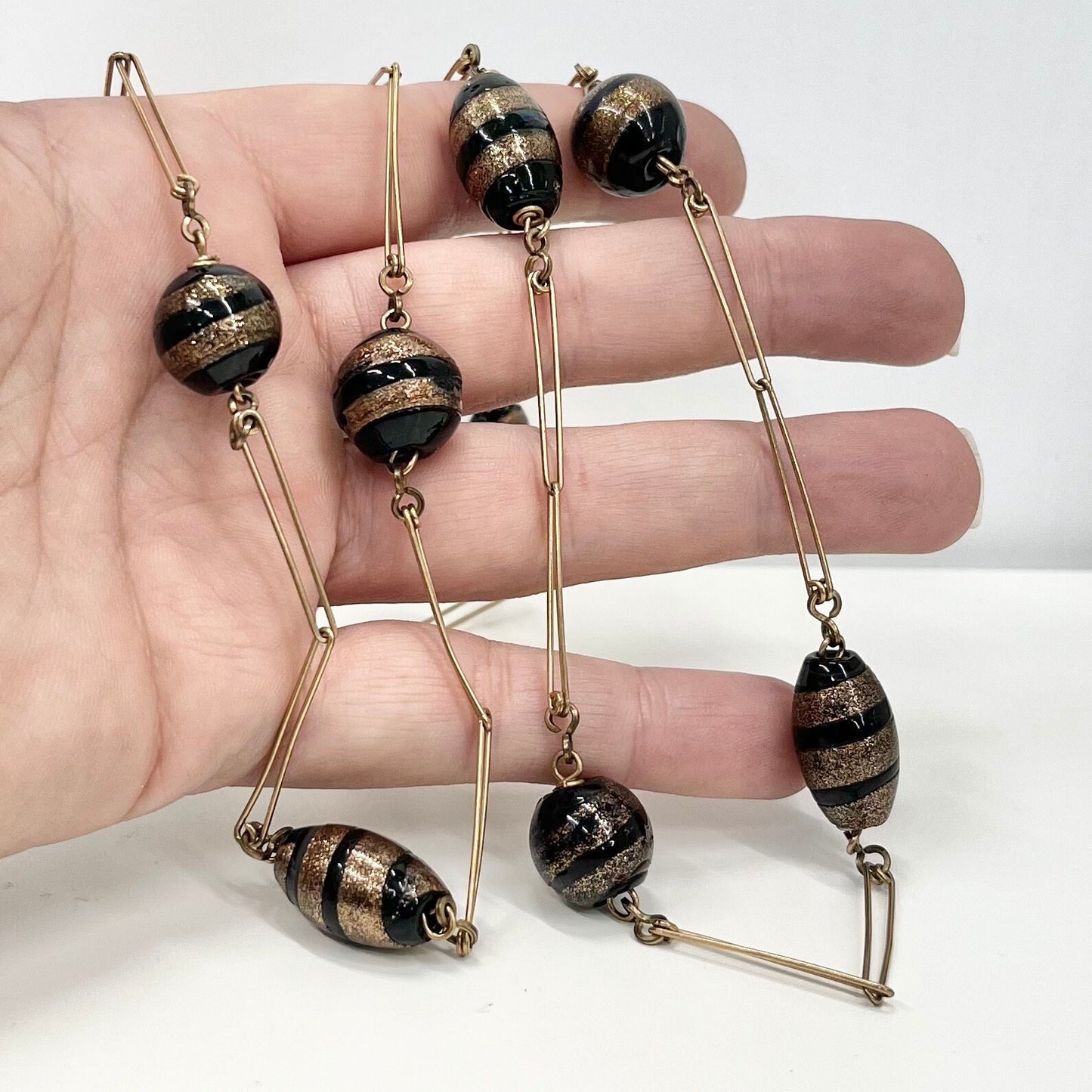 Vintage Black Gold Aventurine Lampwork Glass Bead Necklace with Copper Tone Links 44” Long Stunning Handmade Lampwork Beads TheGreenGlassGemShop