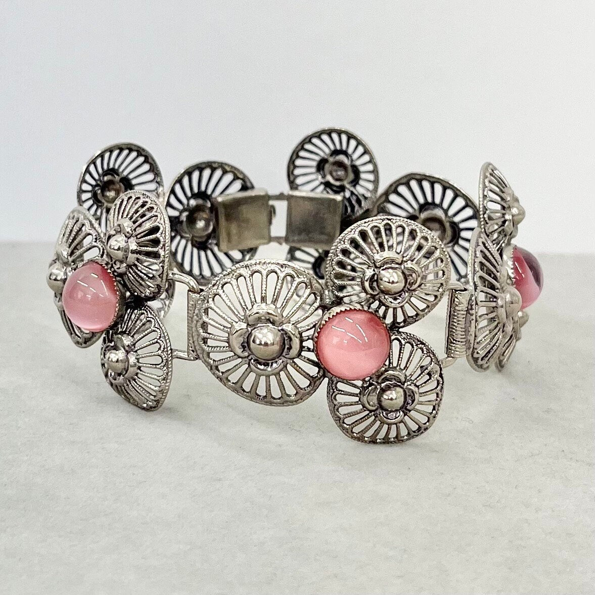 Vintage Silver Tone 1970’s 1980’s Wide Filigree Pink Moonstone Glass Cabochon Bracelet Costume Jewellery 7” TheGreenGlassGemShop